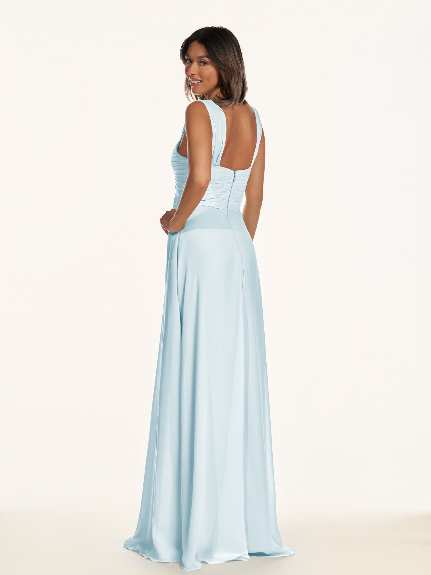 KissDress-Breona Sky Blue A Line Chiffon Off the Shoulder Twisted Long Bridesmaid Dress