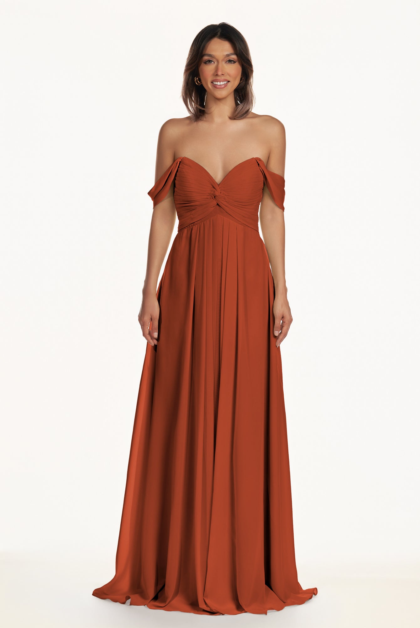 KissDress-Breona Spice A Line Chiffon Off the Shoulder Twisted Long Bridesmaid Dress