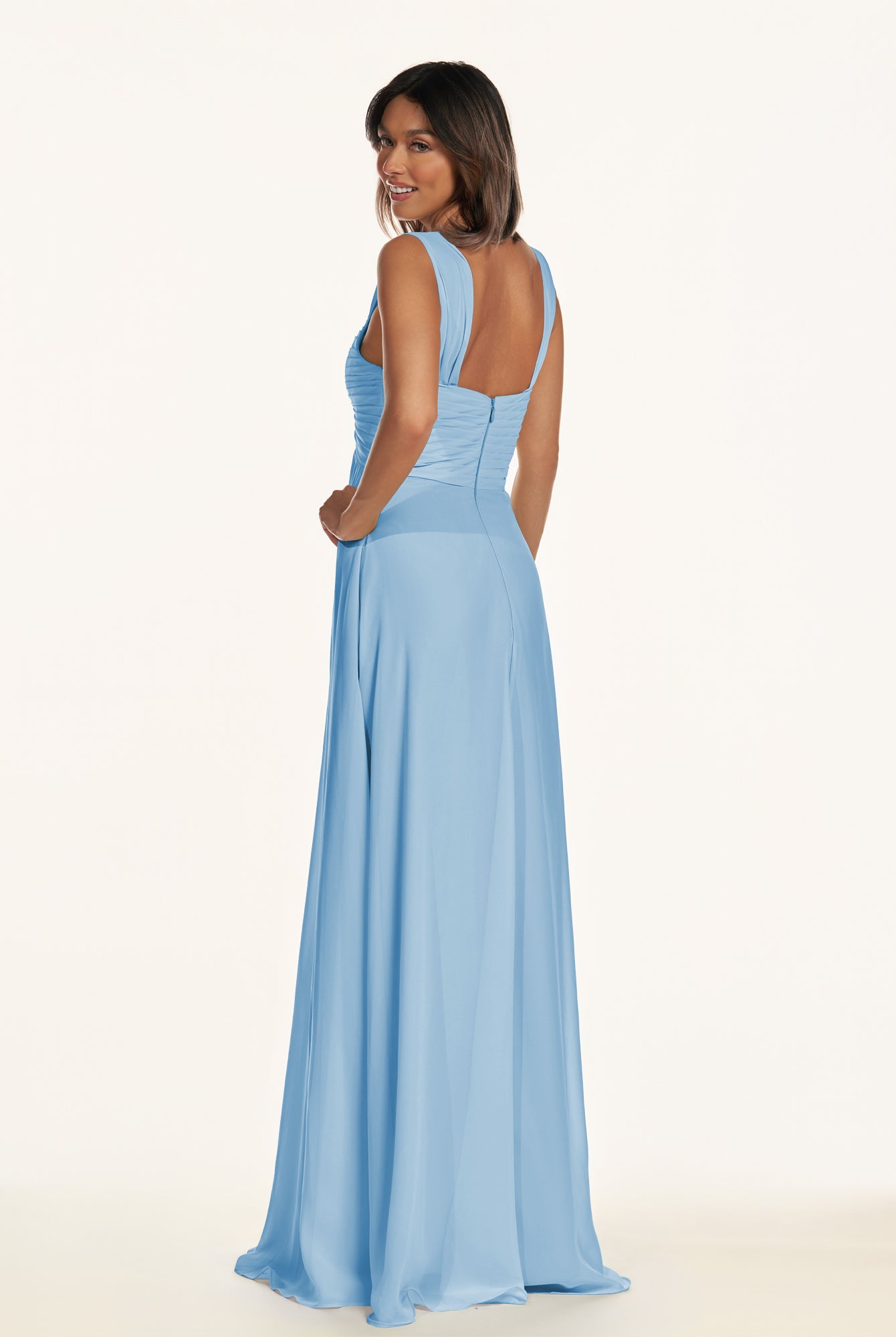 KissDress-Breona Steel Blue A Line Chiffon Off the Shoulder Twisted Long Bridesmaid Dress