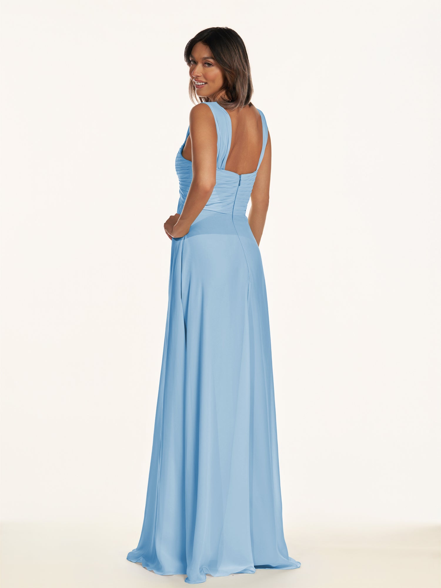 KissDress-Breona Steel Blue A Line Chiffon Off the Shoulder Twisted Long Bridesmaid Dress