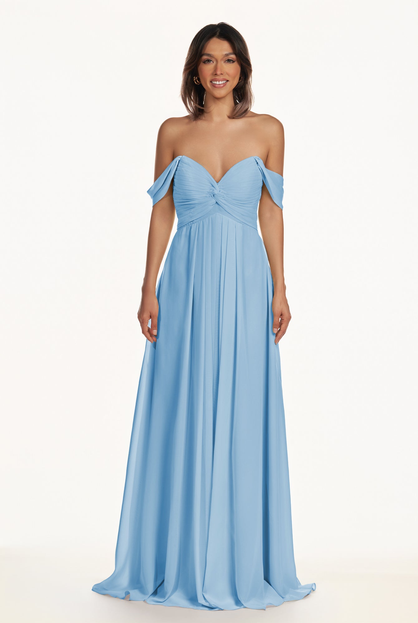 KissDress-Breona Steel Blue A Line Chiffon Off the Shoulder Twisted Long Bridesmaid Dress