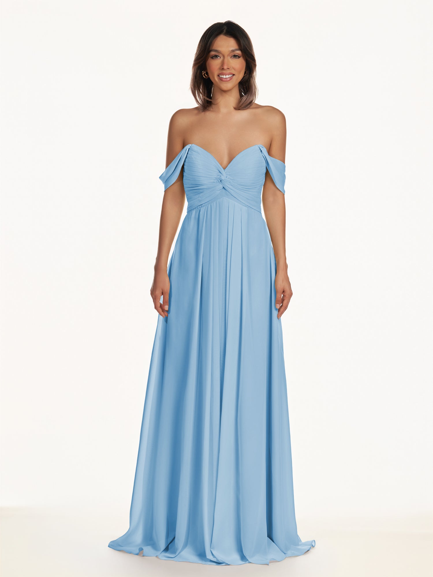 KissDress-Breona Steel Blue A Line Chiffon Off the Shoulder Twisted Long Bridesmaid Dress