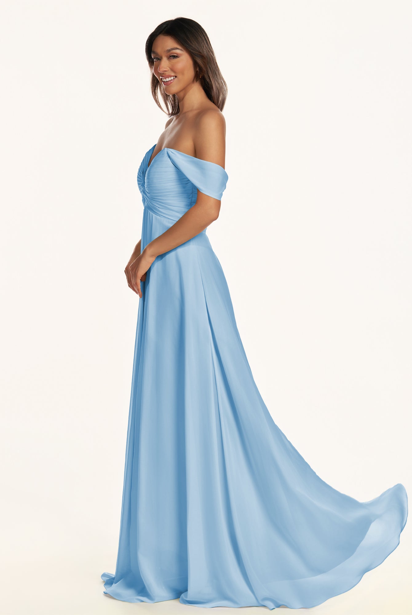 KissDress-Breona Steel Blue A Line Chiffon Off the Shoulder Twisted Long Bridesmaid Dress