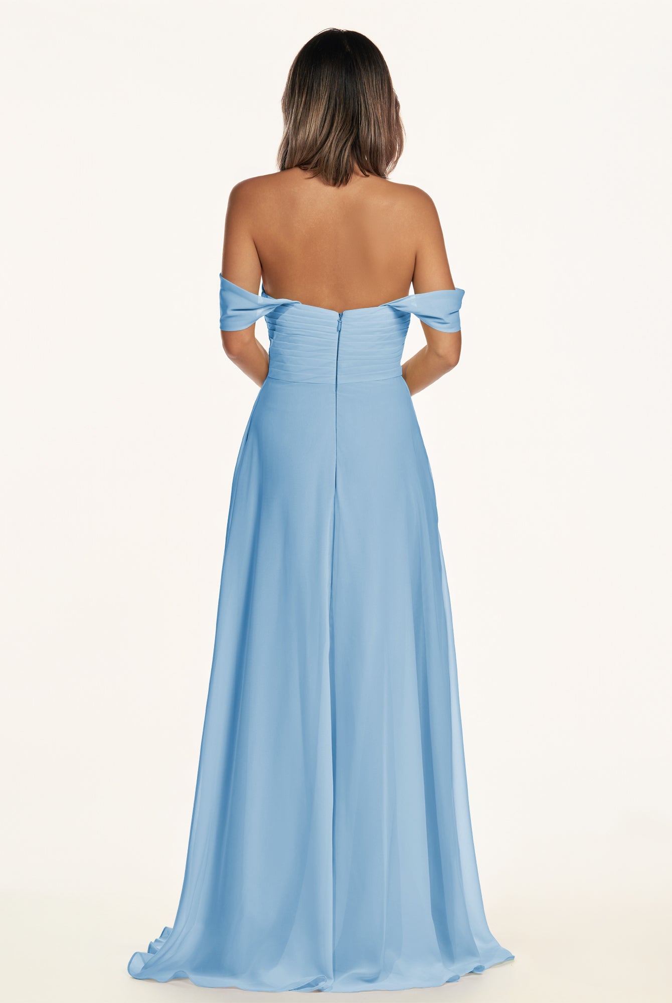 KissDress-Breona Steel Blue A Line Chiffon Off the Shoulder Twisted Long Bridesmaid Dress