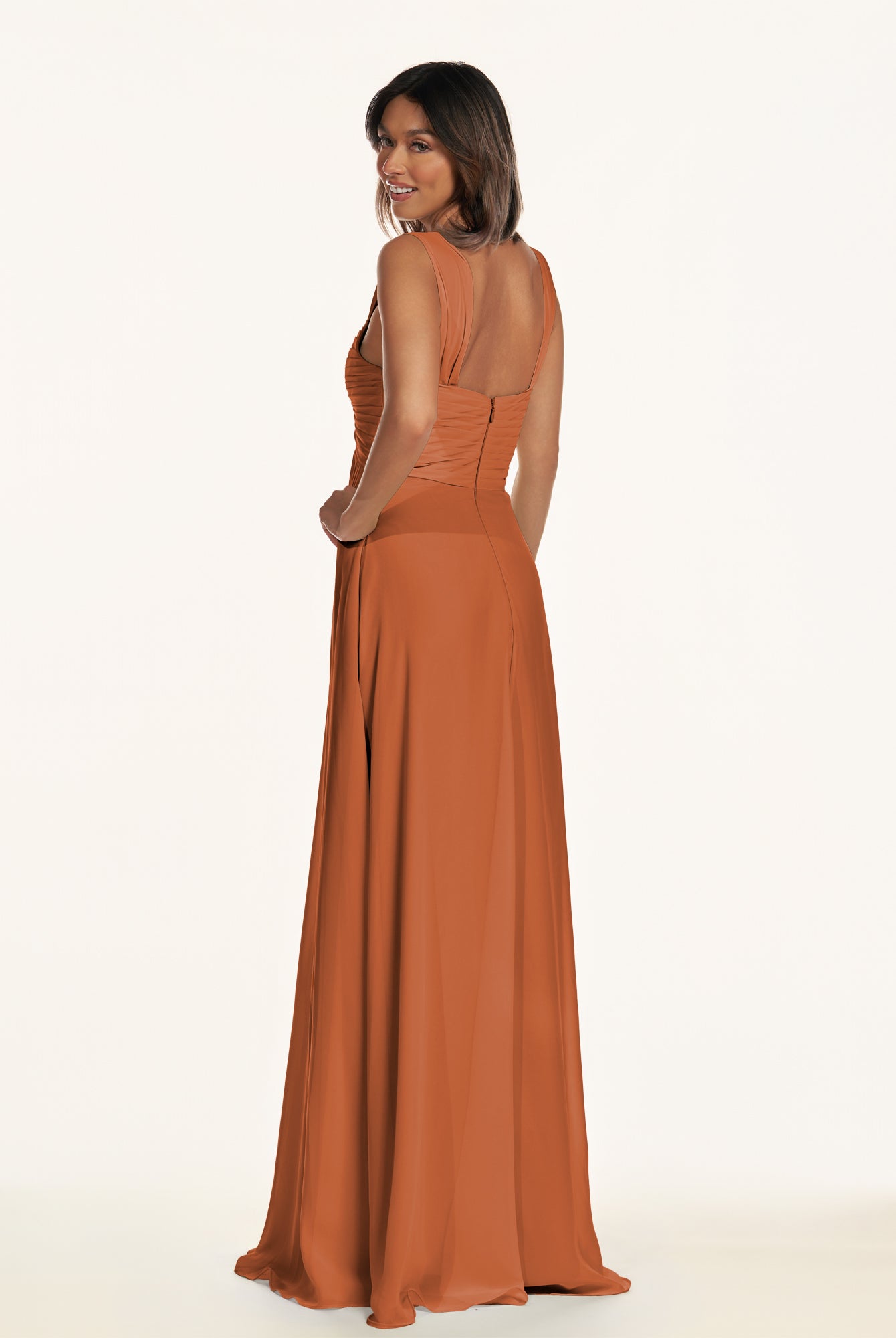 KissDress-Breona Terracotta A Line Chiffon Off the Shoulder Twisted Long Bridesmaid Dress