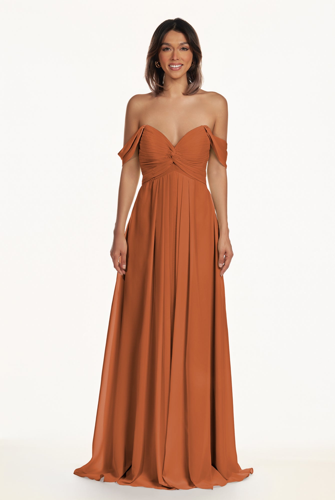 KissDress-Breona Terracotta A Line Chiffon Off the Shoulder Twisted Long Bridesmaid Dress