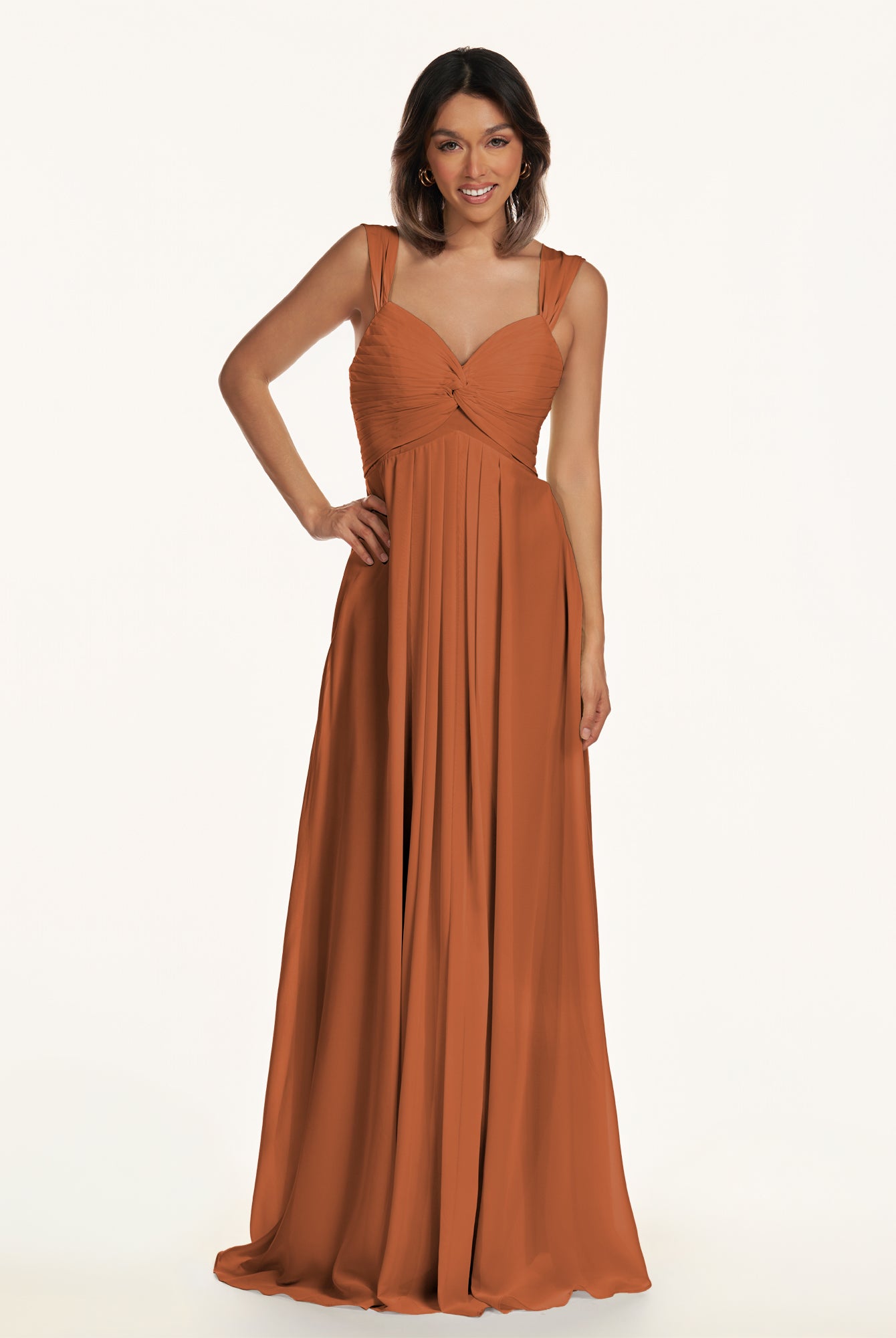 KissDress-Breona Terracotta A Line Chiffon Off the Shoulder Twisted Long Bridesmaid Dress