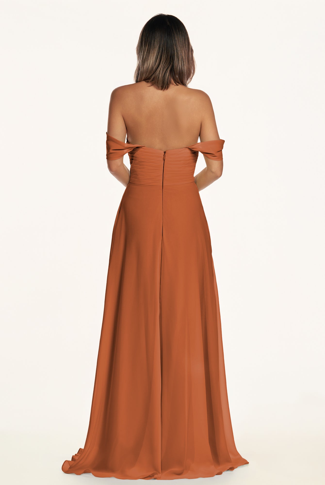 KissDress-Breona Terracotta A Line Chiffon Off the Shoulder Twisted Long Bridesmaid Dress