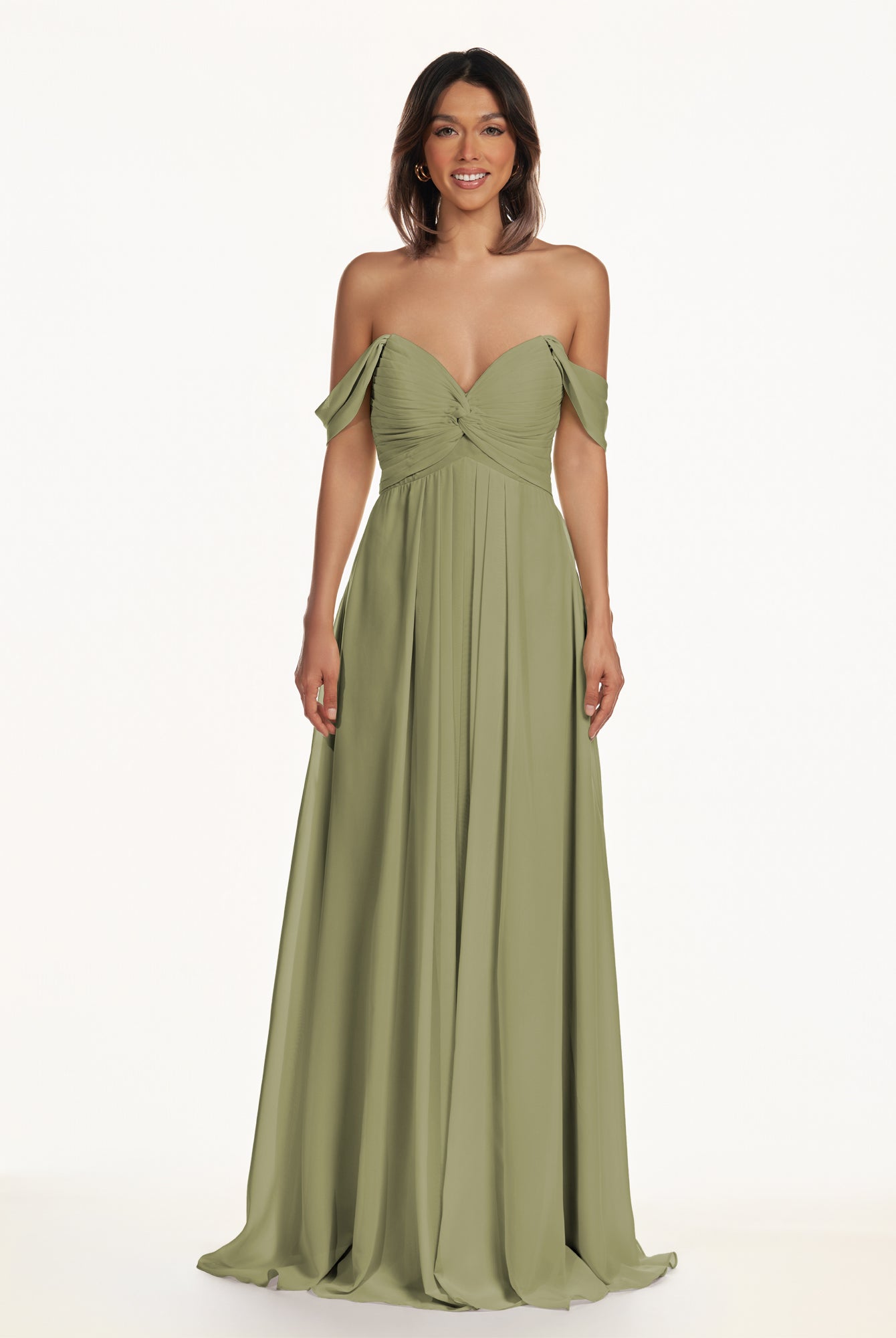 KissDress-Breona Thyme A Line Chiffon Off the Shoulder Twisted Long Bridesmaid Dress