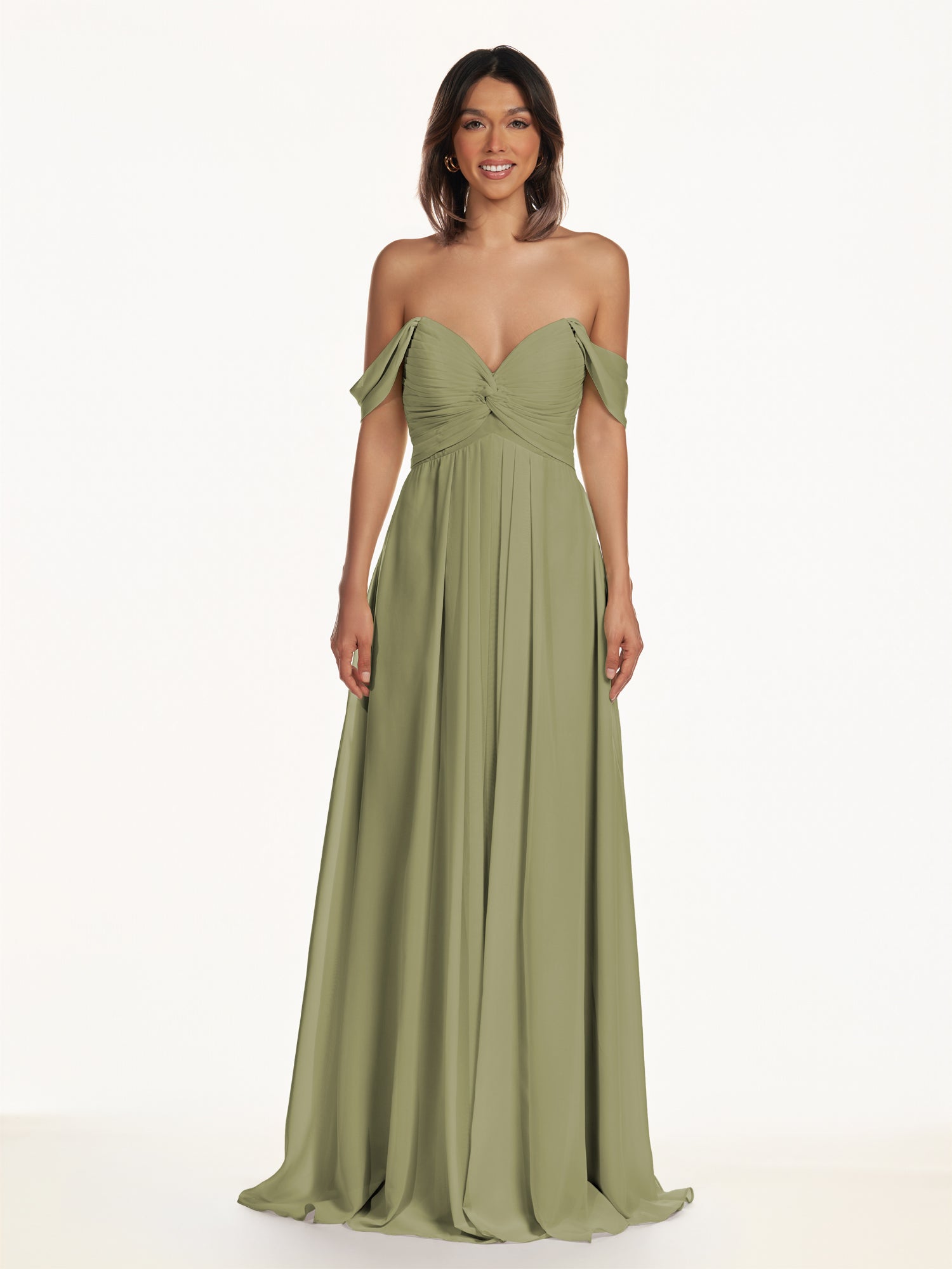 KissDress-Breona Thyme A Line Chiffon Off the Shoulder Twisted Long Bridesmaid Dress