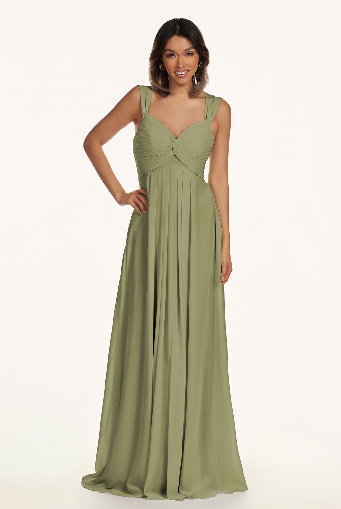 KissDress-Breona Thyme A Line Chiffon Off the Shoulder Twisted Long Bridesmaid Dress