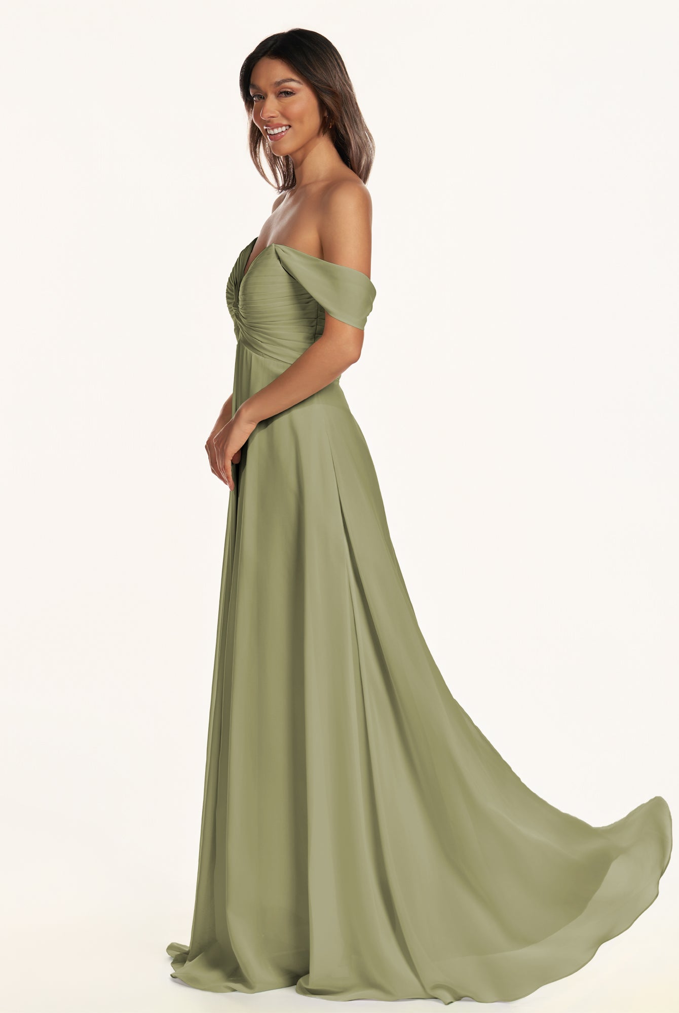KissDress-Breona Thyme A Line Chiffon Off the Shoulder Twisted Long Bridesmaid Dress
