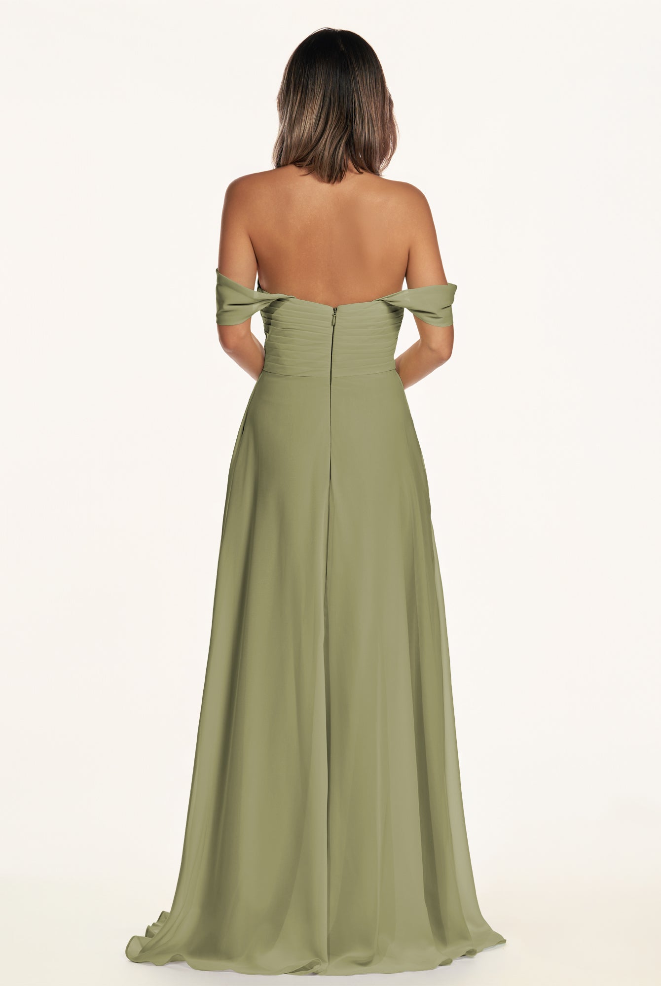 KissDress-Breona Thyme A Line Chiffon Off the Shoulder Twisted Long Bridesmaid Dress