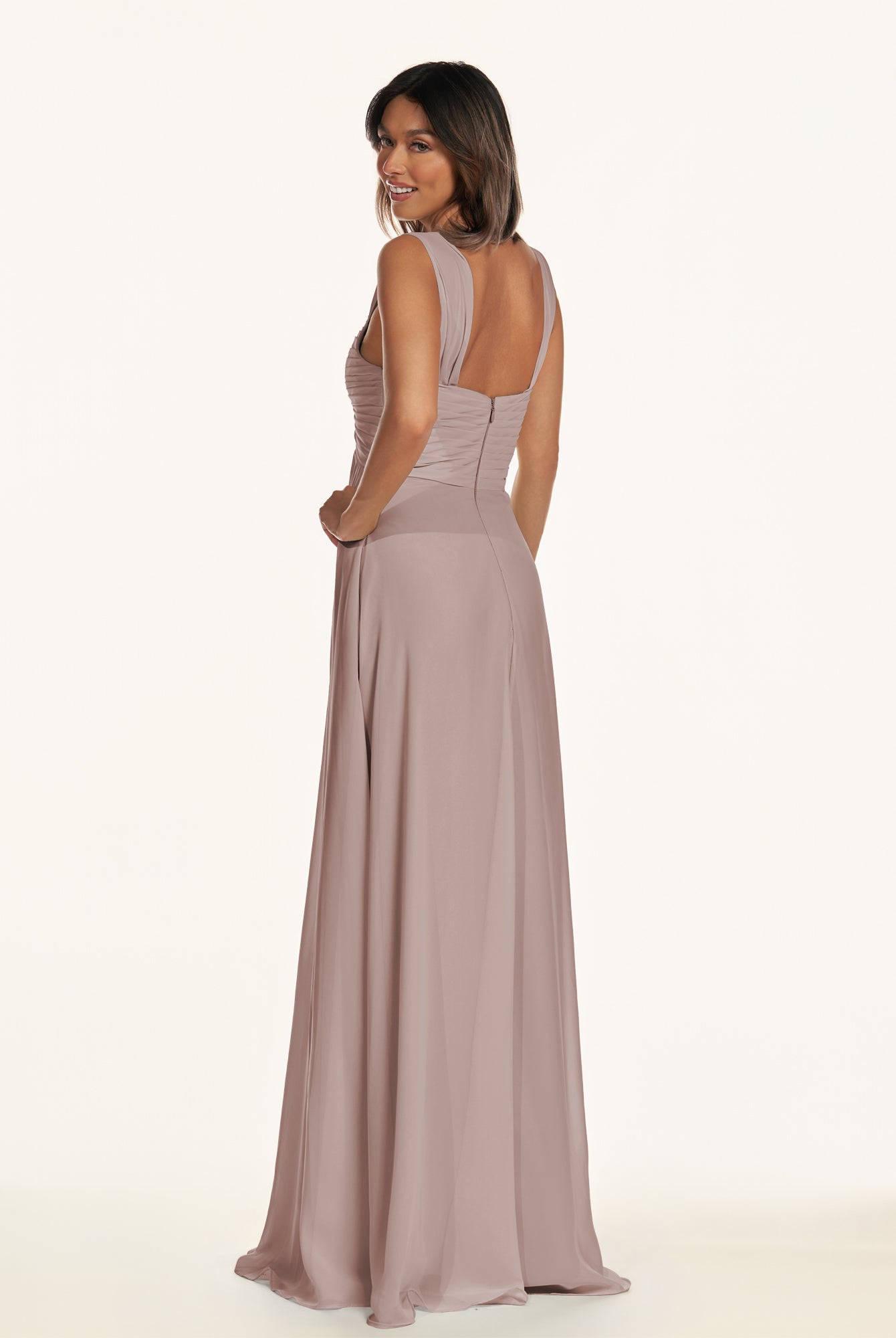 KissDress-Breona Toffee A Line Chiffon Off the Shoulder Twisted Long Bridesmaid Dress