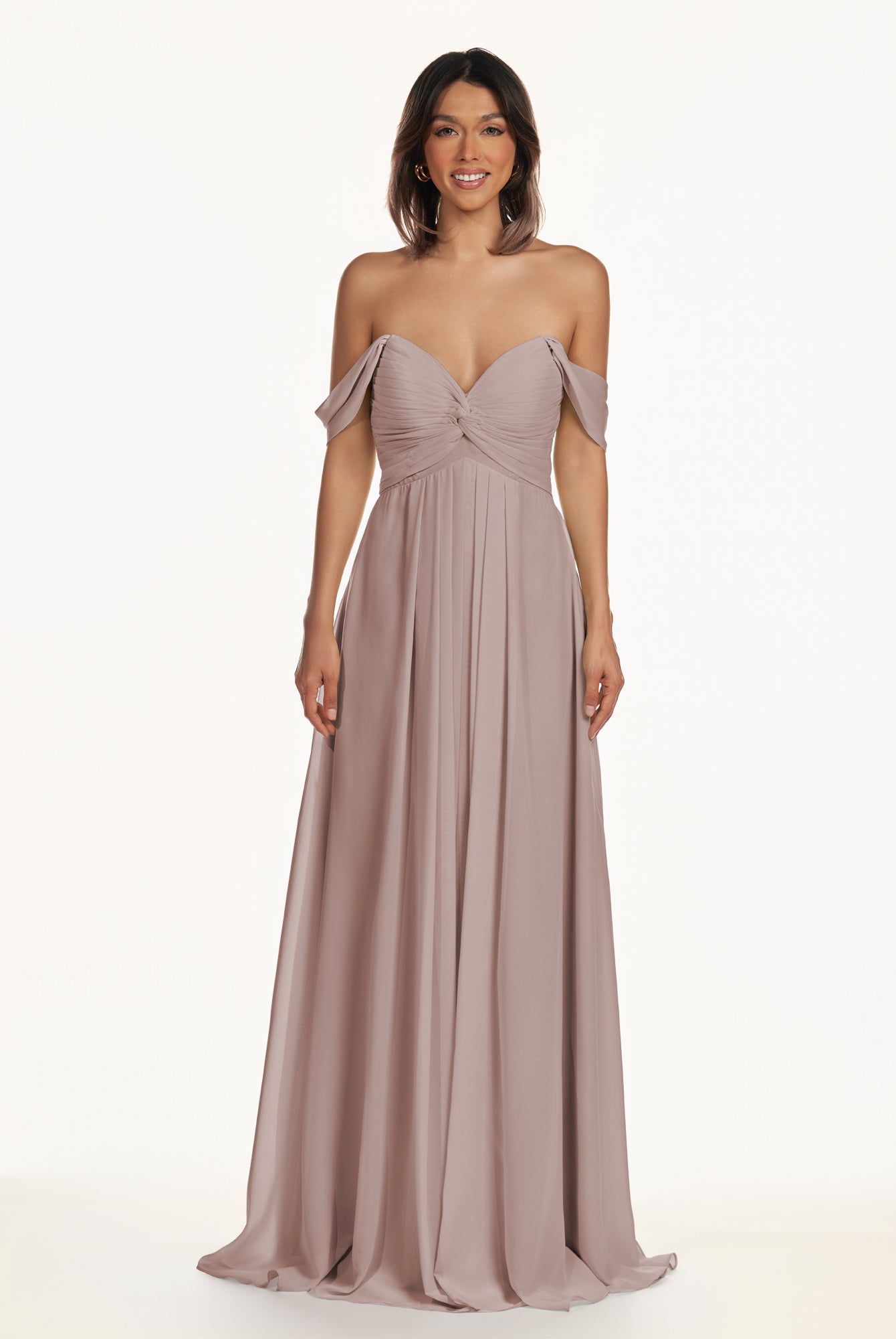 KissDress-Breona Toffee A Line Chiffon Off the Shoulder Twisted Long Bridesmaid Dress