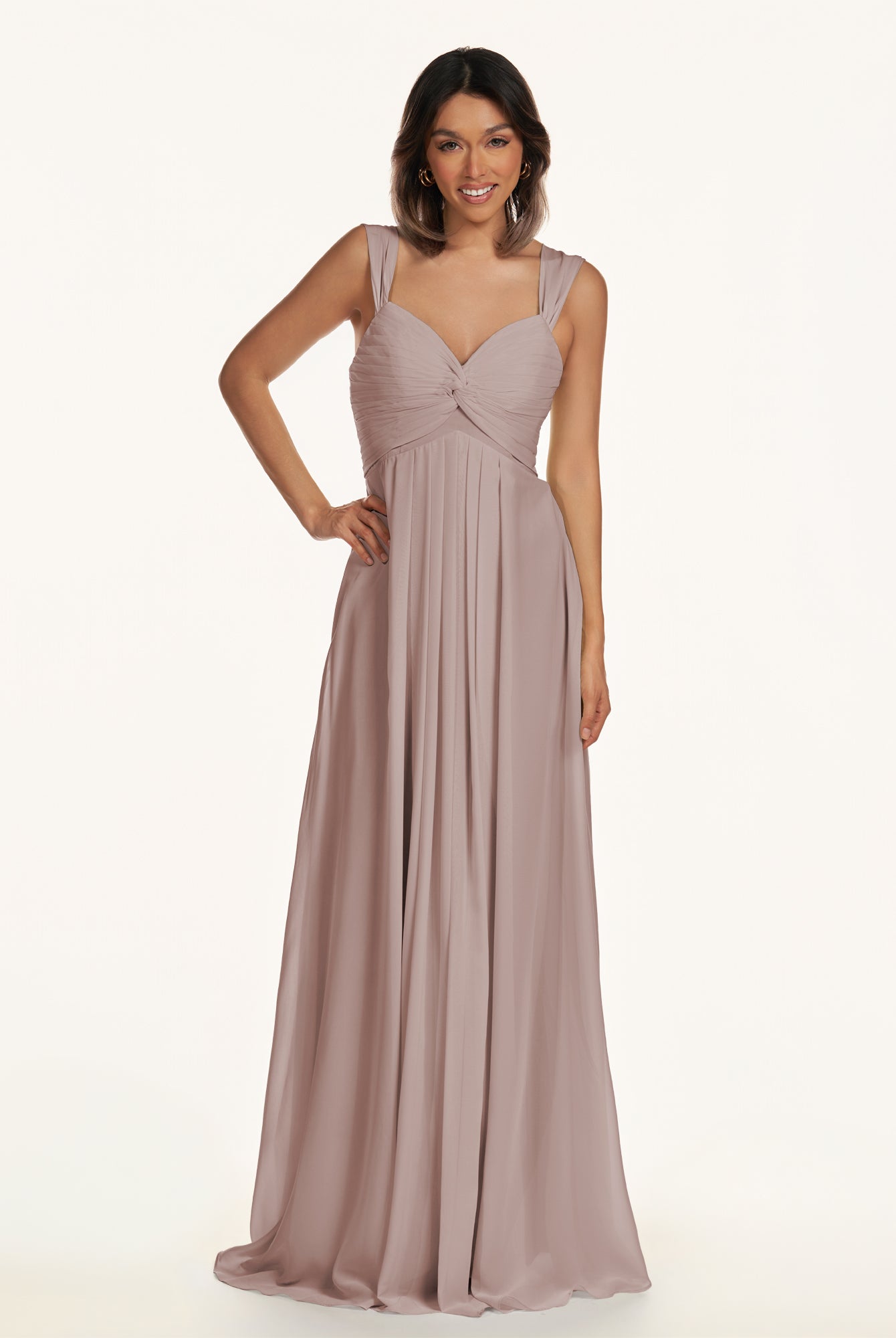 KissDress-Breona Toffee A Line Chiffon Off the Shoulder Twisted Long Bridesmaid Dress