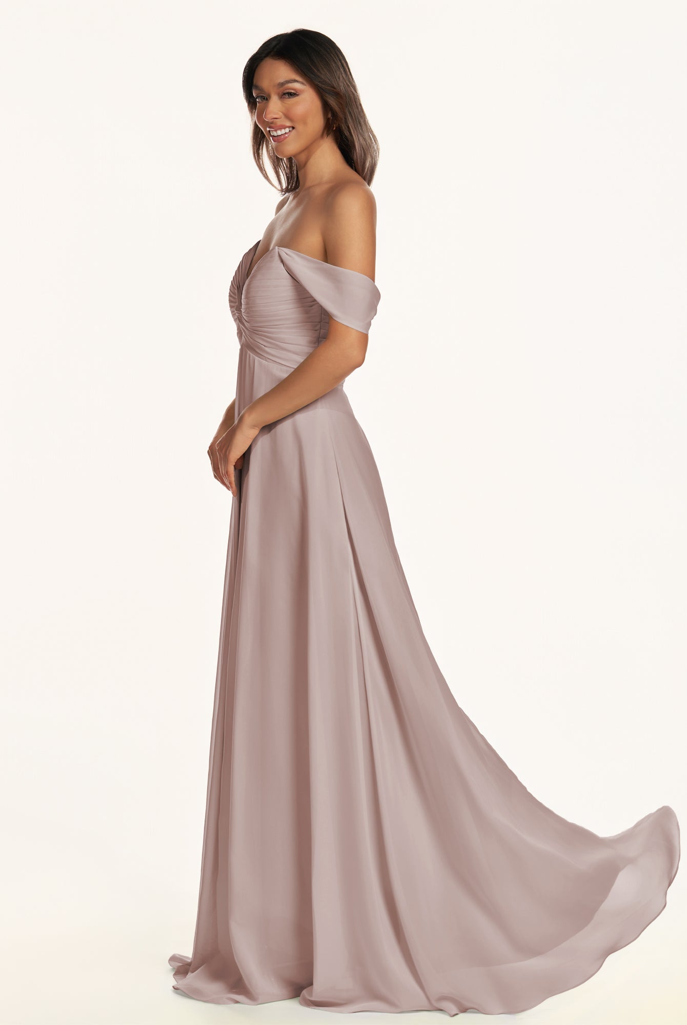 KissDress-Breona Toffee A Line Chiffon Off the Shoulder Twisted Long Bridesmaid Dress