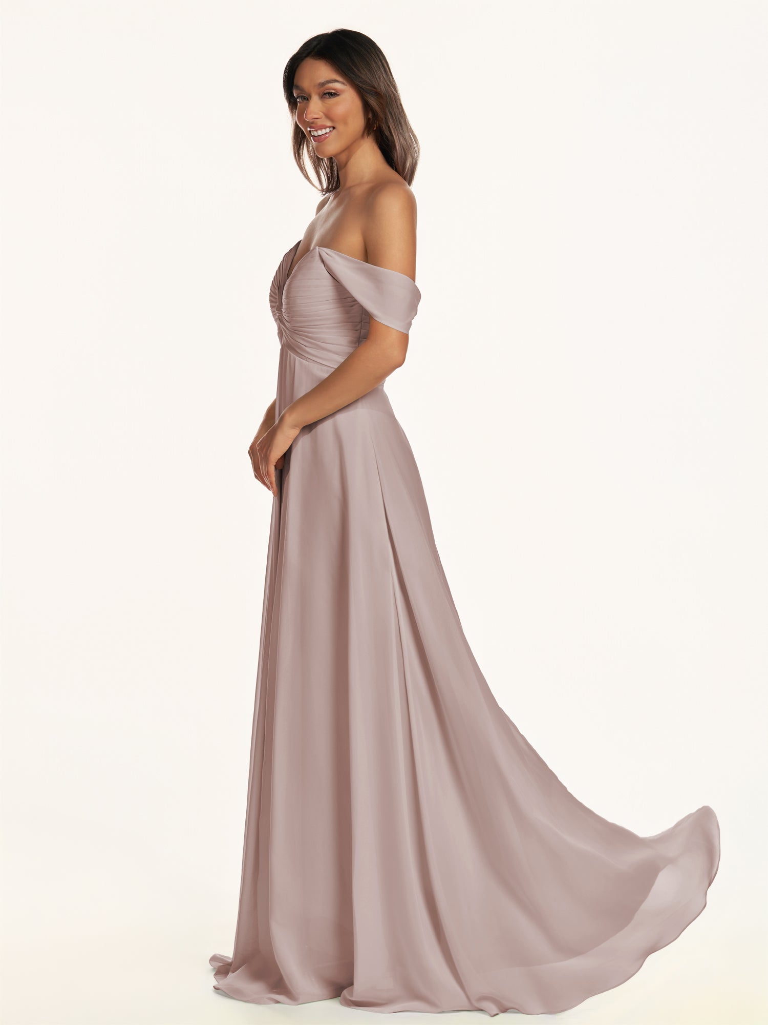 KissDress-Breona Toffee A Line Chiffon Off the Shoulder Twisted Long Bridesmaid Dress