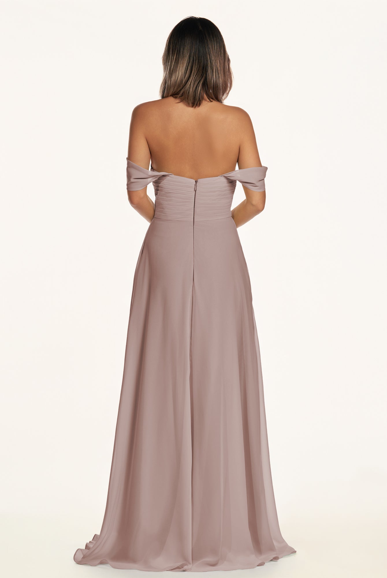 KissDress-Breona Toffee A Line Chiffon Off the Shoulder Twisted Long Bridesmaid Dress