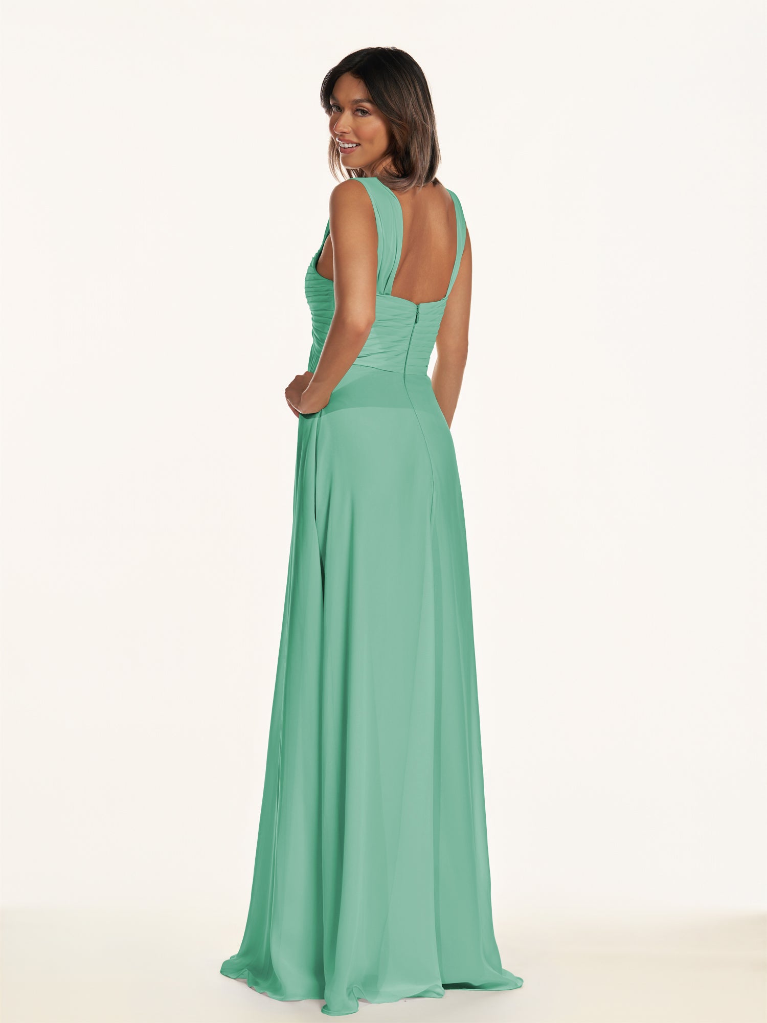 KissDress-Breona Turquoise A Line Chiffon Off the Shoulder Twisted Long Bridesmaid Dress
