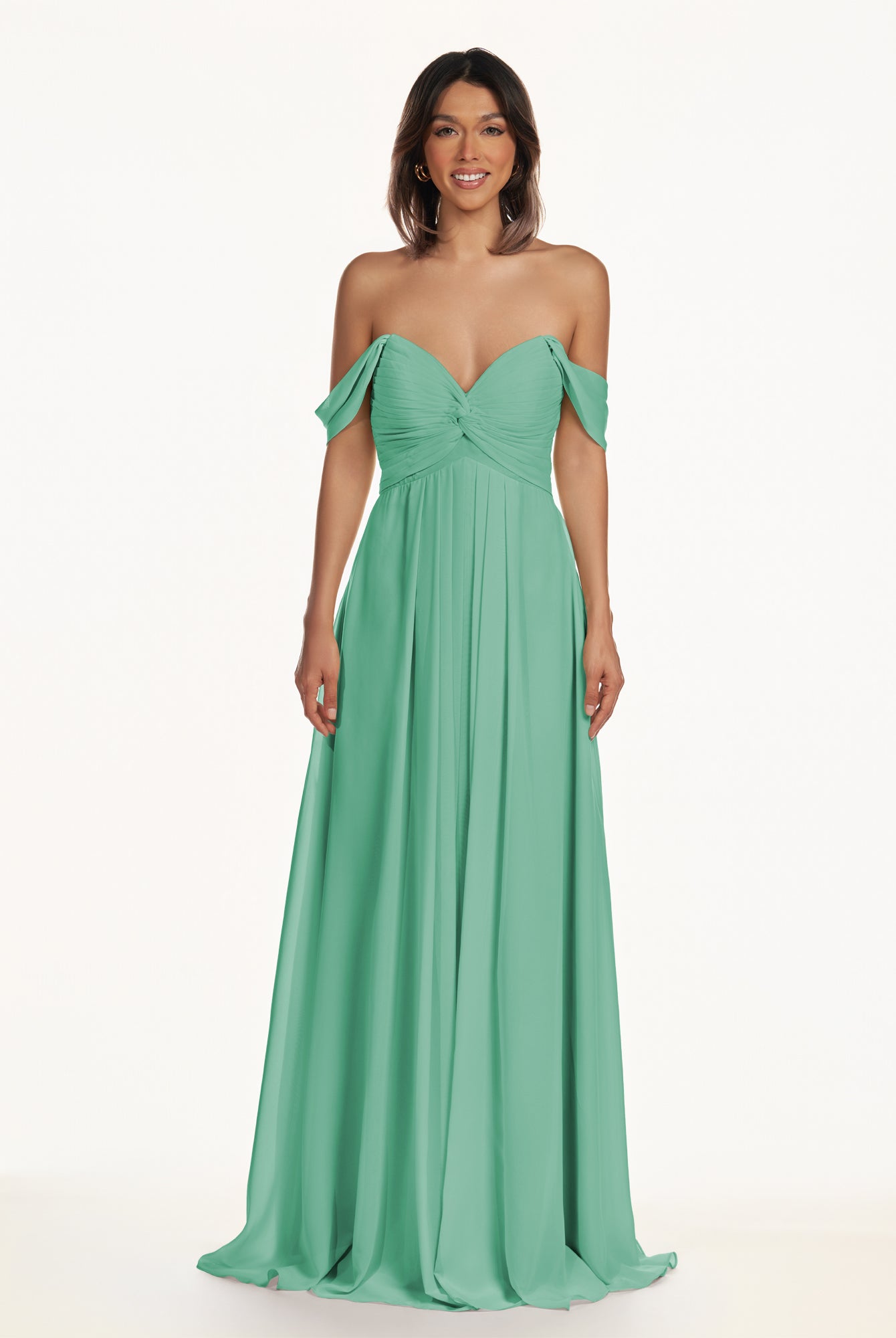 KissDress-Breona Turquoise A Line Chiffon Off the Shoulder Twisted Long Bridesmaid Dress