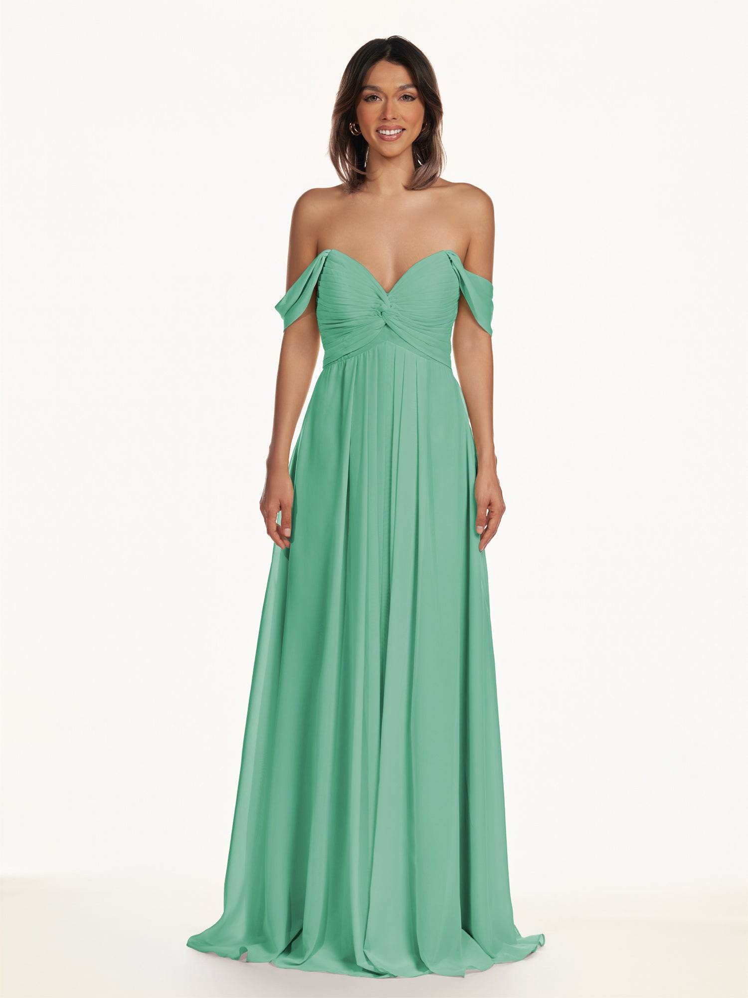 KissDress-Breona Turquoise A Line Chiffon Off the Shoulder Twisted Long Bridesmaid Dress