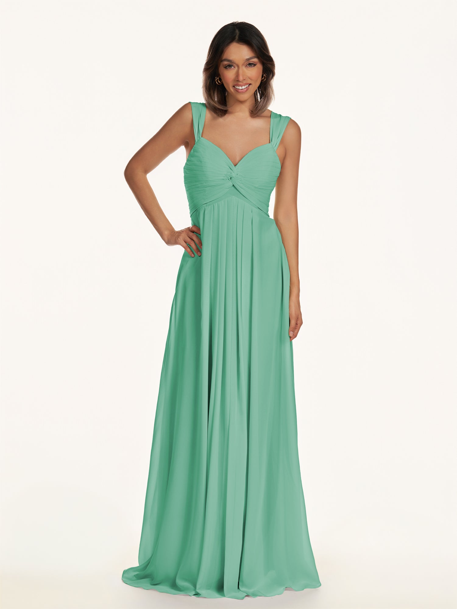 KissDress-Breona Turquoise A Line Chiffon Off the Shoulder Twisted Long Bridesmaid Dress