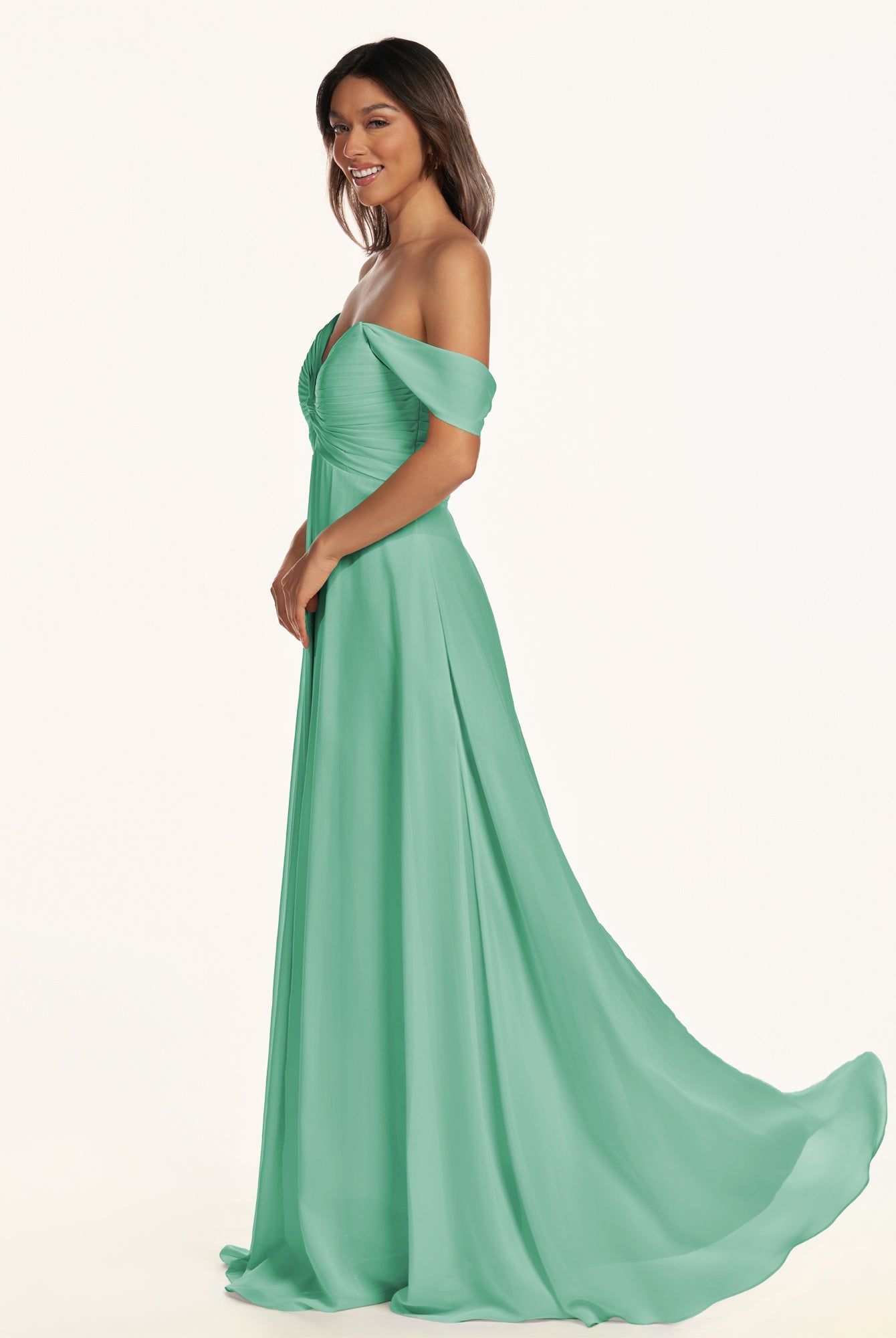 KissDress-Breona Turquoise A Line Chiffon Off the Shoulder Twisted Long Bridesmaid Dress