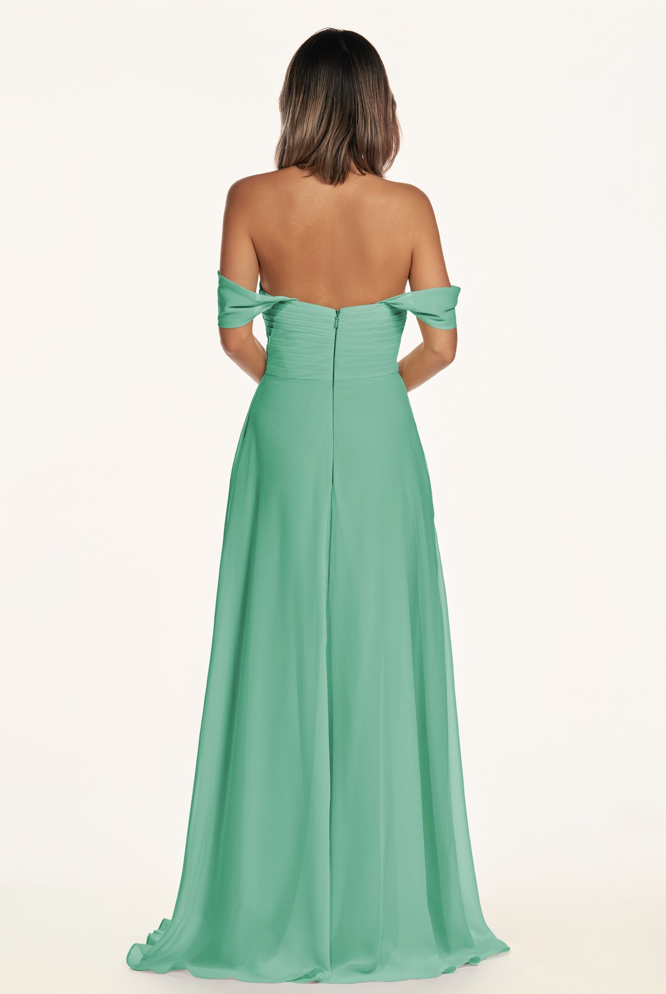 KissDress-Breona Turquoise A Line Chiffon Off the Shoulder Twisted Long Bridesmaid Dress