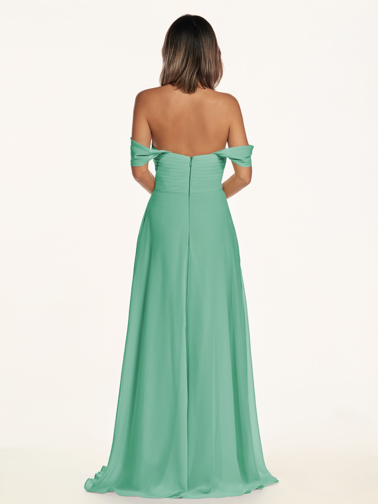 KissDress-Breona Turquoise A Line Chiffon Off the Shoulder Twisted Long Bridesmaid Dress