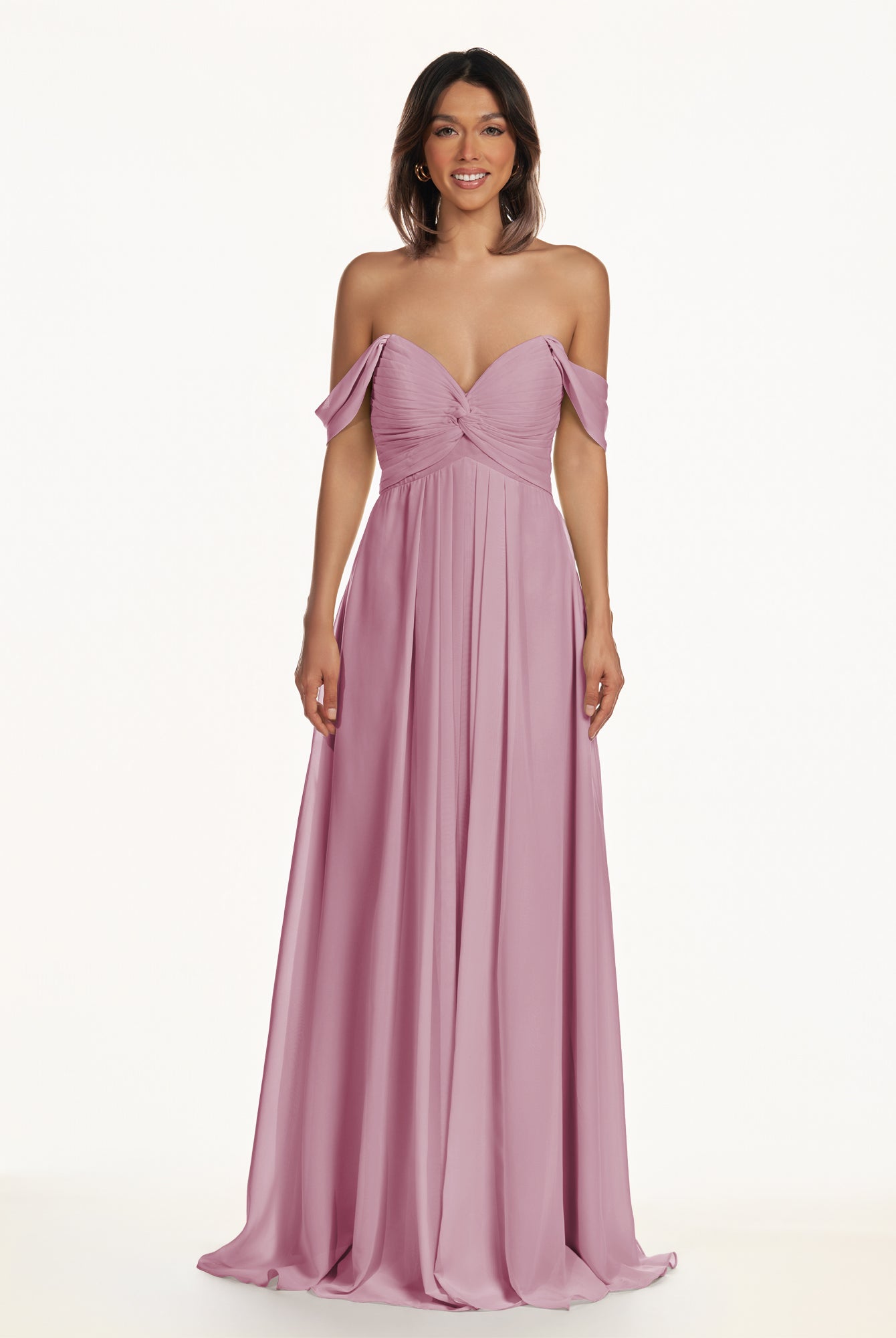 KissDress-Breona Vintage Mauve A Line Chiffon Off the Shoulder Twisted Long Bridesmaid Dress