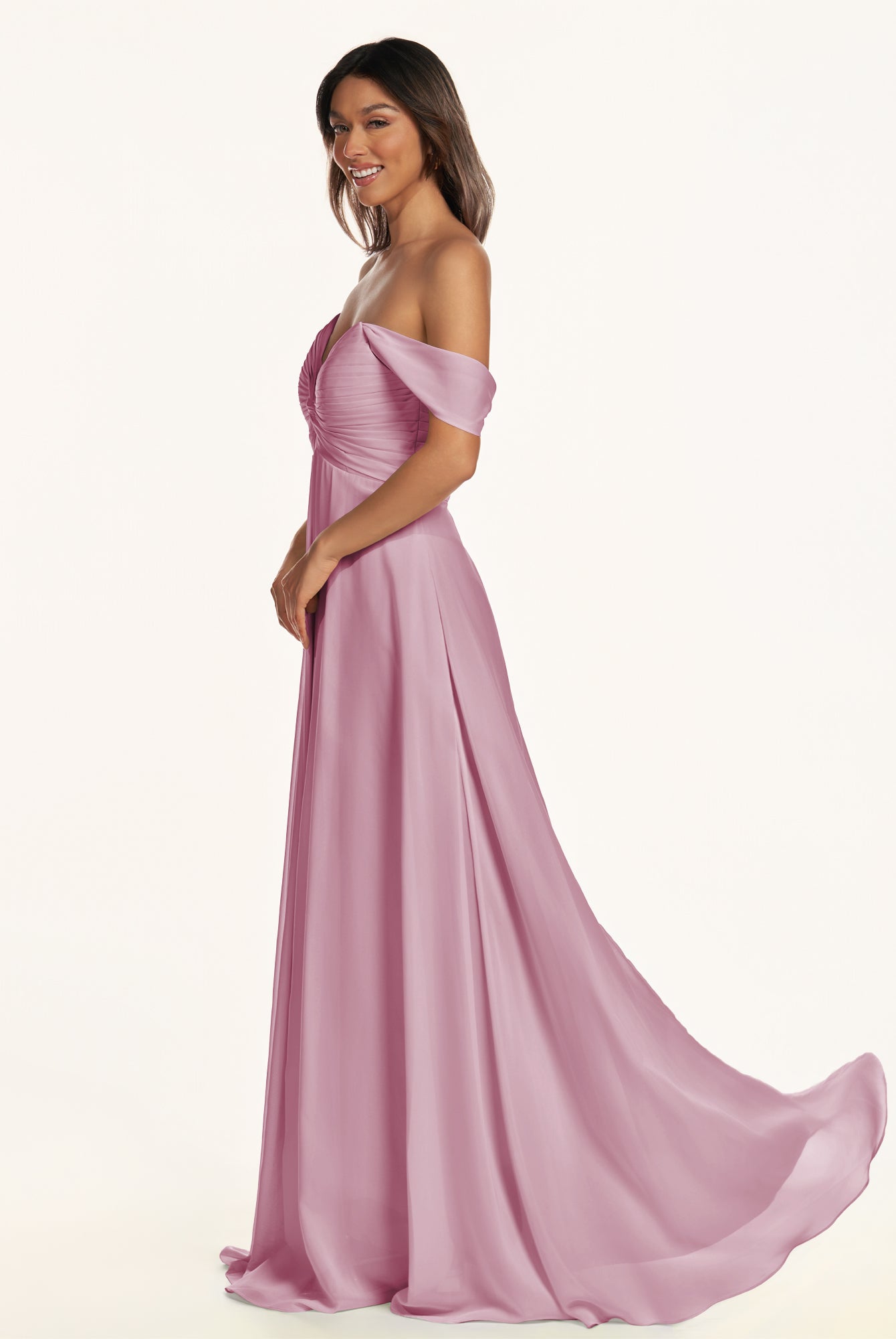 KissDress-Breona Vintage Mauve A Line Chiffon Off the Shoulder Twisted Long Bridesmaid Dress