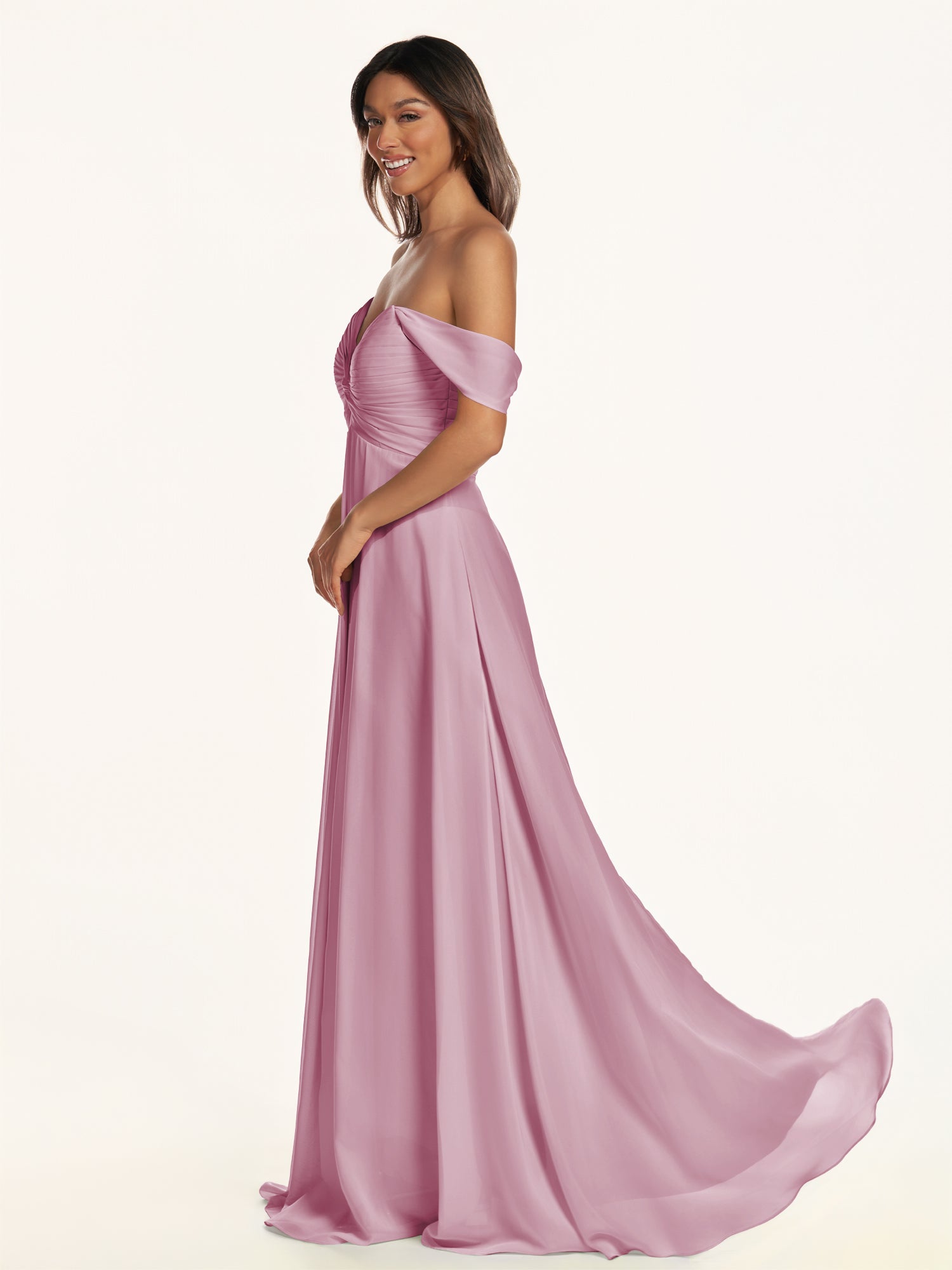 KissDress-Breona Vintage Mauve A Line Chiffon Off the Shoulder Twisted Long Bridesmaid Dress