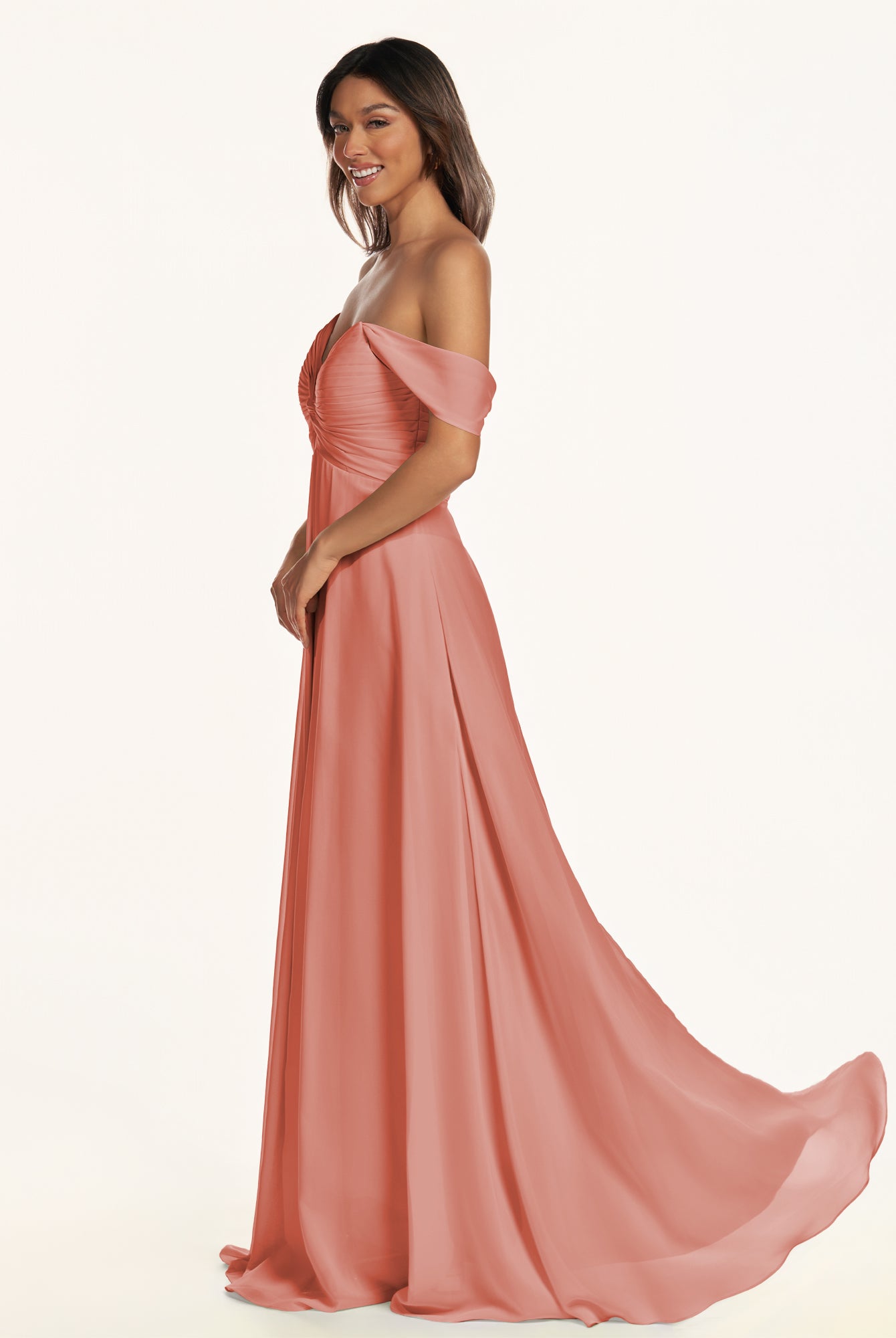 KissDress-Breona Wild Rose A Line Chiffon Off the Shoulder Twisted Long Bridesmaid Dress