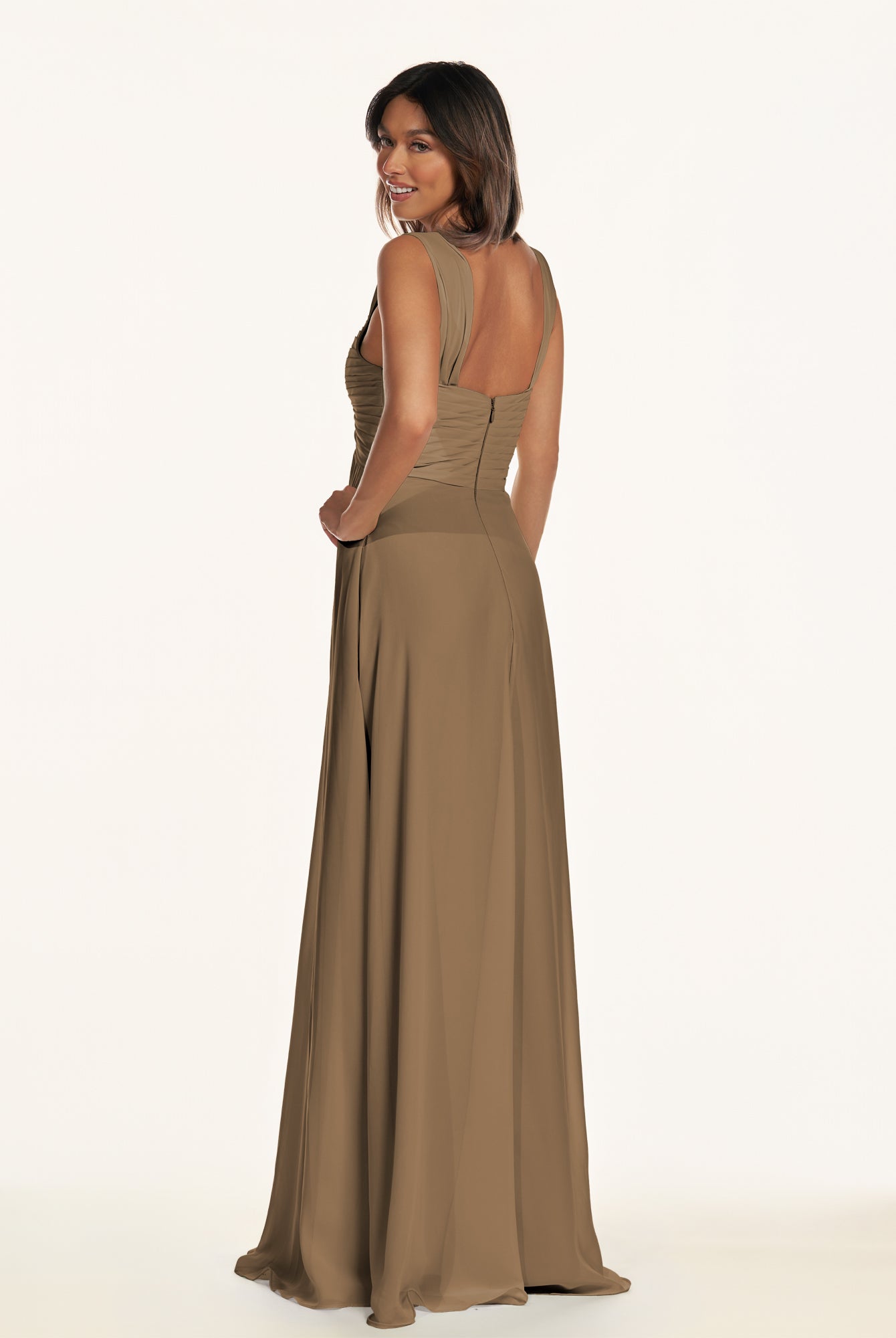 KissDress-Breona Willow Green A Line Chiffon Off the Shoulder Twisted Long Bridesmaid Dress