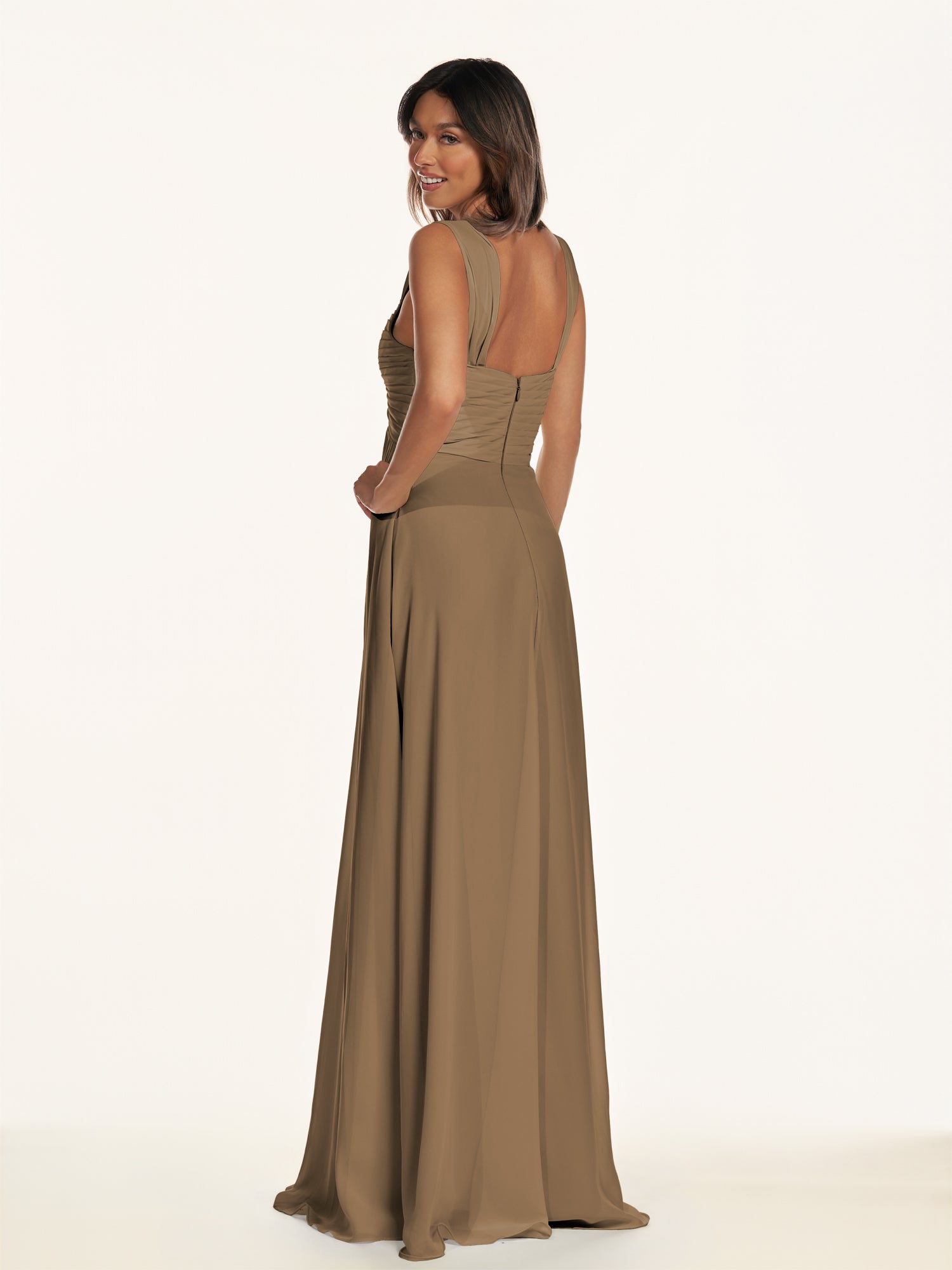 KissDress-Breona Willow Green A Line Chiffon Off the Shoulder Twisted Long Bridesmaid Dress