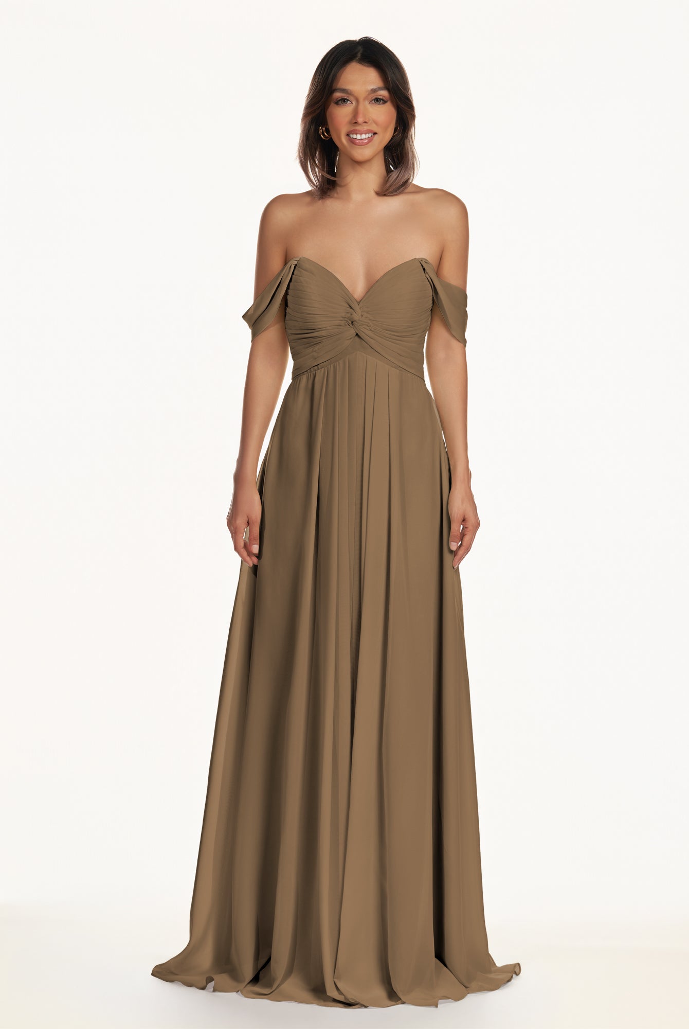 KissDress-Breona Willow Green A Line Chiffon Off the Shoulder Twisted Long Bridesmaid Dress
