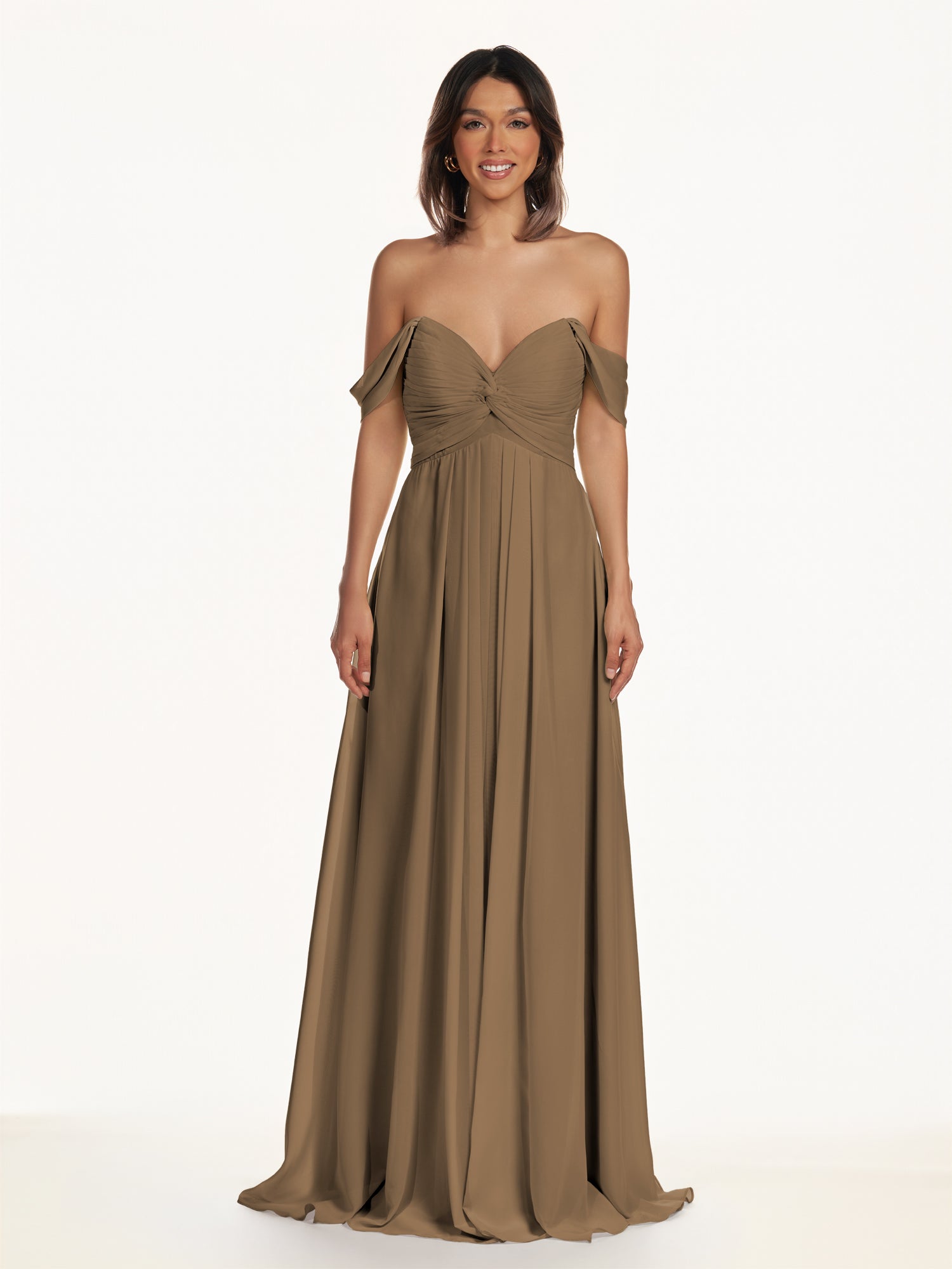 KissDress-Breona Willow Green A Line Chiffon Off the Shoulder Twisted Long Bridesmaid Dress