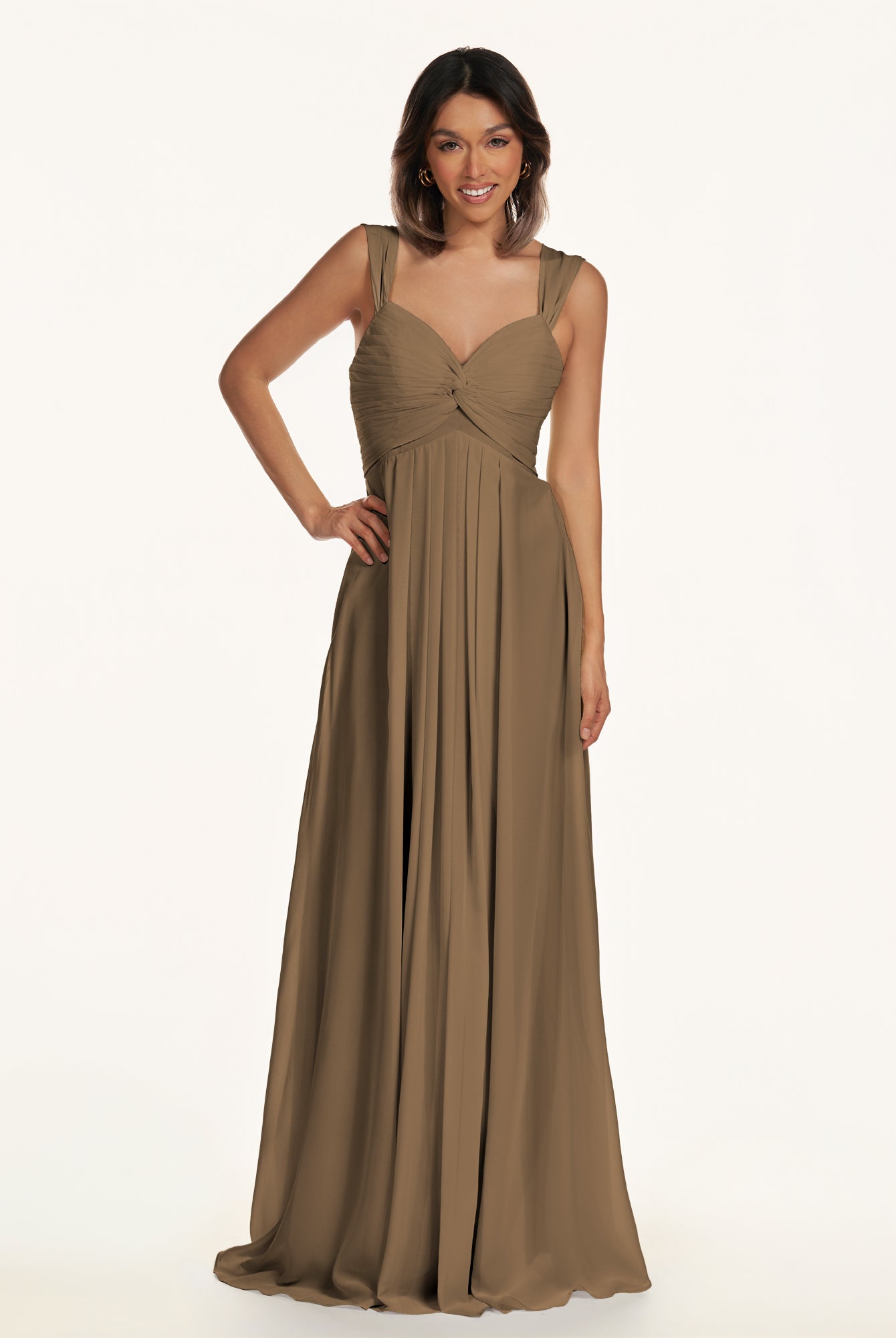 KissDress-Breona Willow Green A Line Chiffon Off the Shoulder Twisted Long Bridesmaid Dress