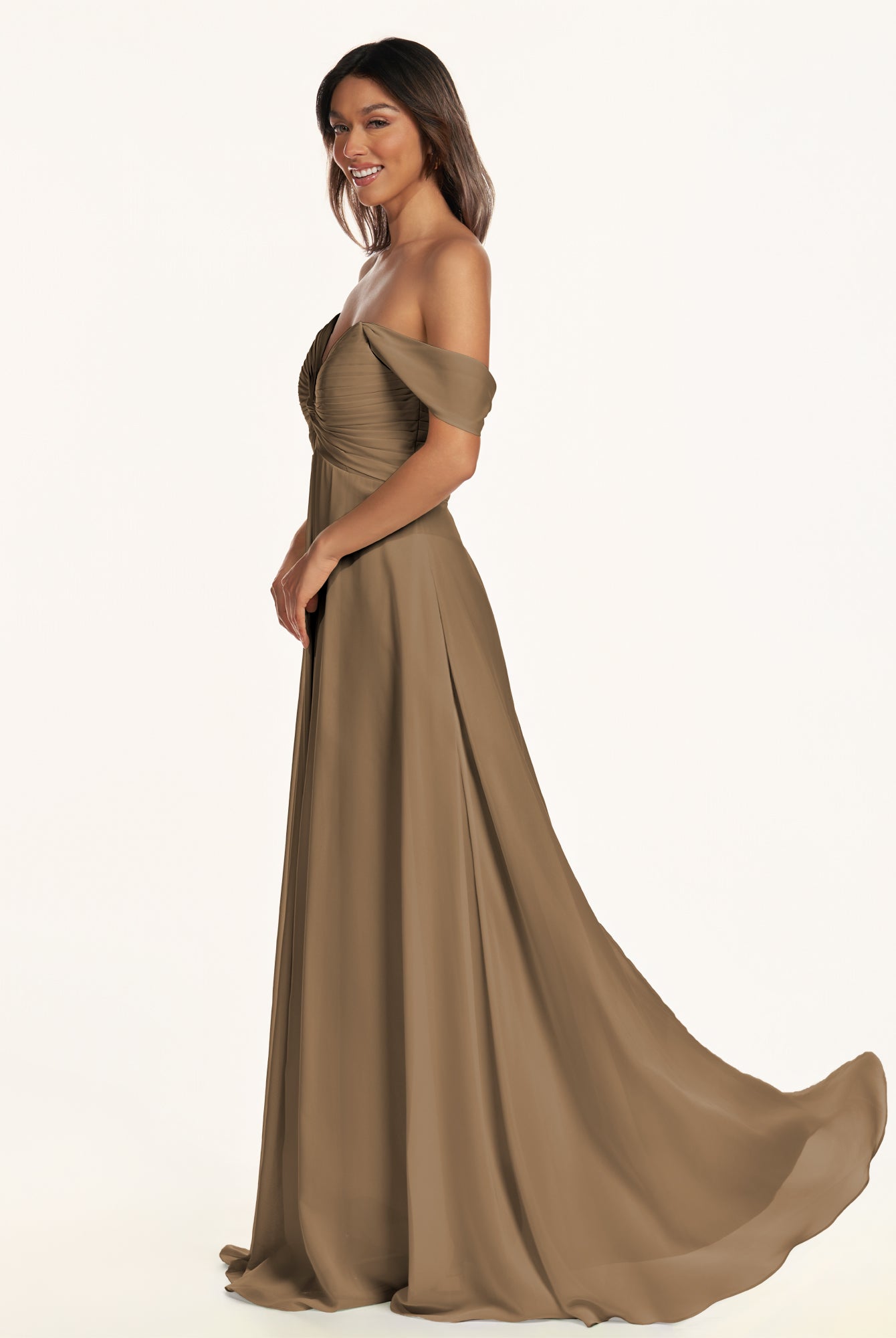 KissDress-Breona Willow Green A Line Chiffon Off the Shoulder Twisted Long Bridesmaid Dress