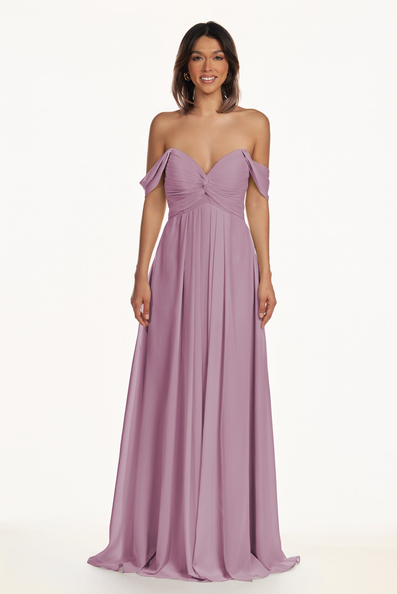 KissDress-Breona Wisteria A Line Chiffon Off the Shoulder Twisted Long Bridesmaid Dress