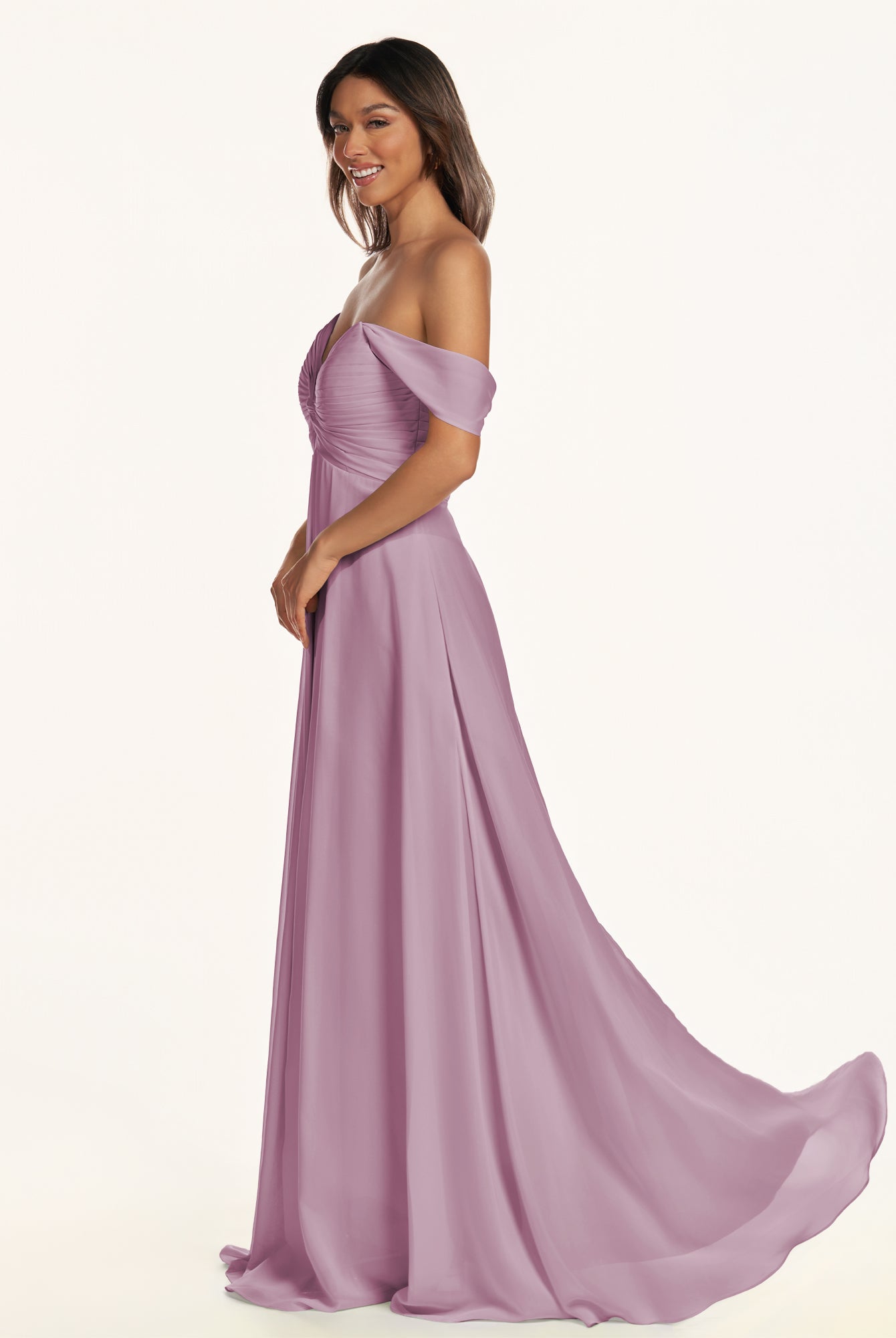 KissDress-Breona Wisteria A Line Chiffon Off the Shoulder Twisted Long Bridesmaid Dress