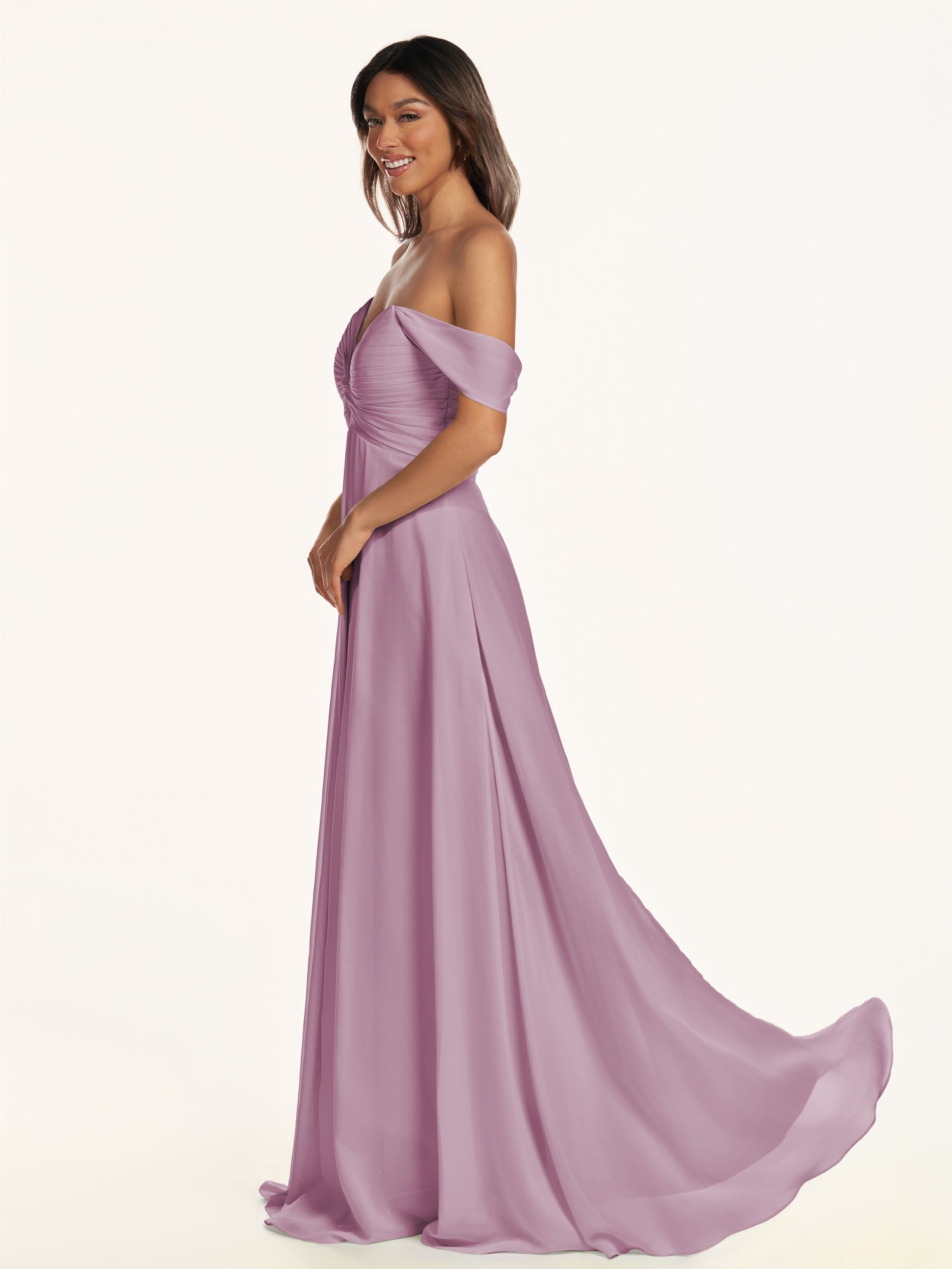 KissDress-Breona Wisteria A Line Chiffon Off the Shoulder Twisted Long Bridesmaid Dress