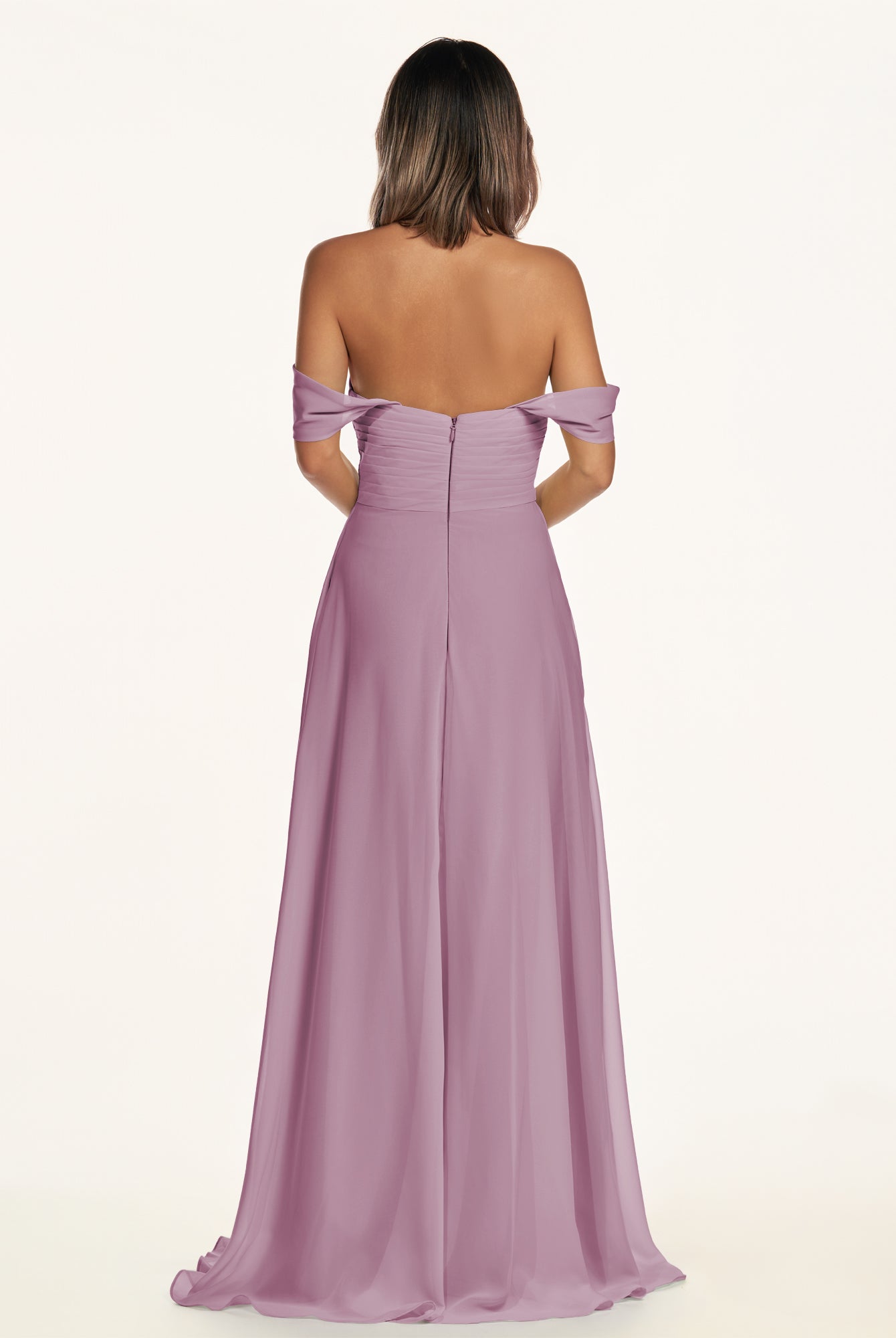 KissDress-Breona Wisteria A Line Chiffon Off the Shoulder Twisted Long Bridesmaid Dress