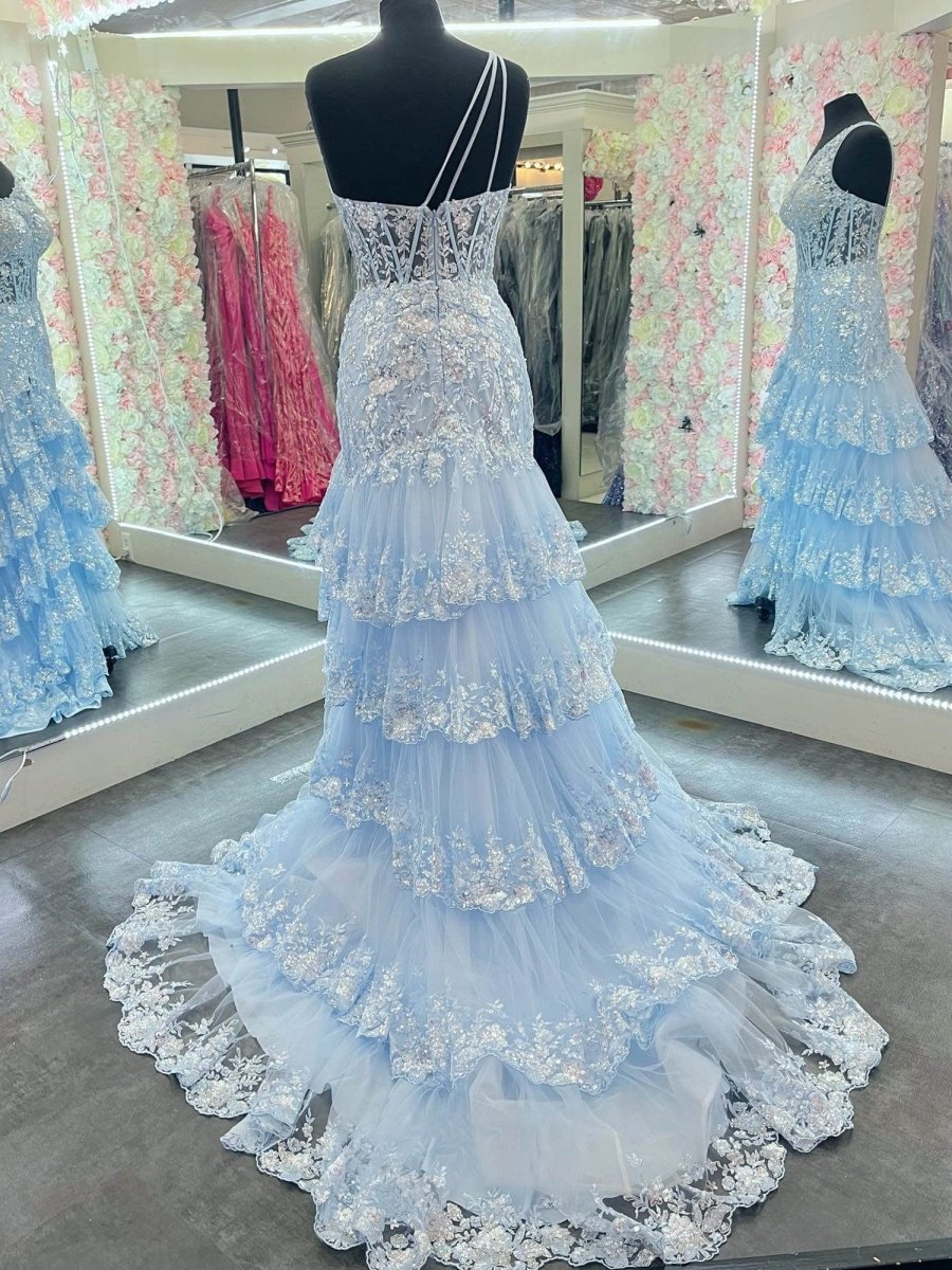 Andrea |Sheath One Shoulder Tiered Lace Long Prom Dress - KissProm