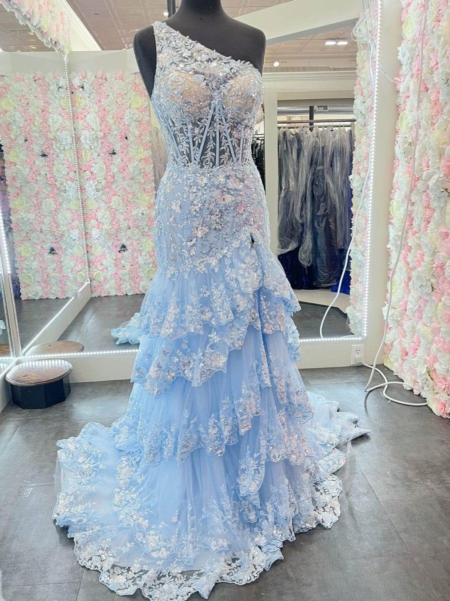 Andrea |Sheath One Shoulder Tiered Lace Long Prom Dress - KissProm