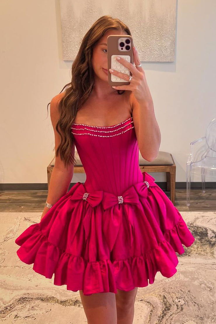 Strapless Black Beaded Short Homecoming Dress with Bow