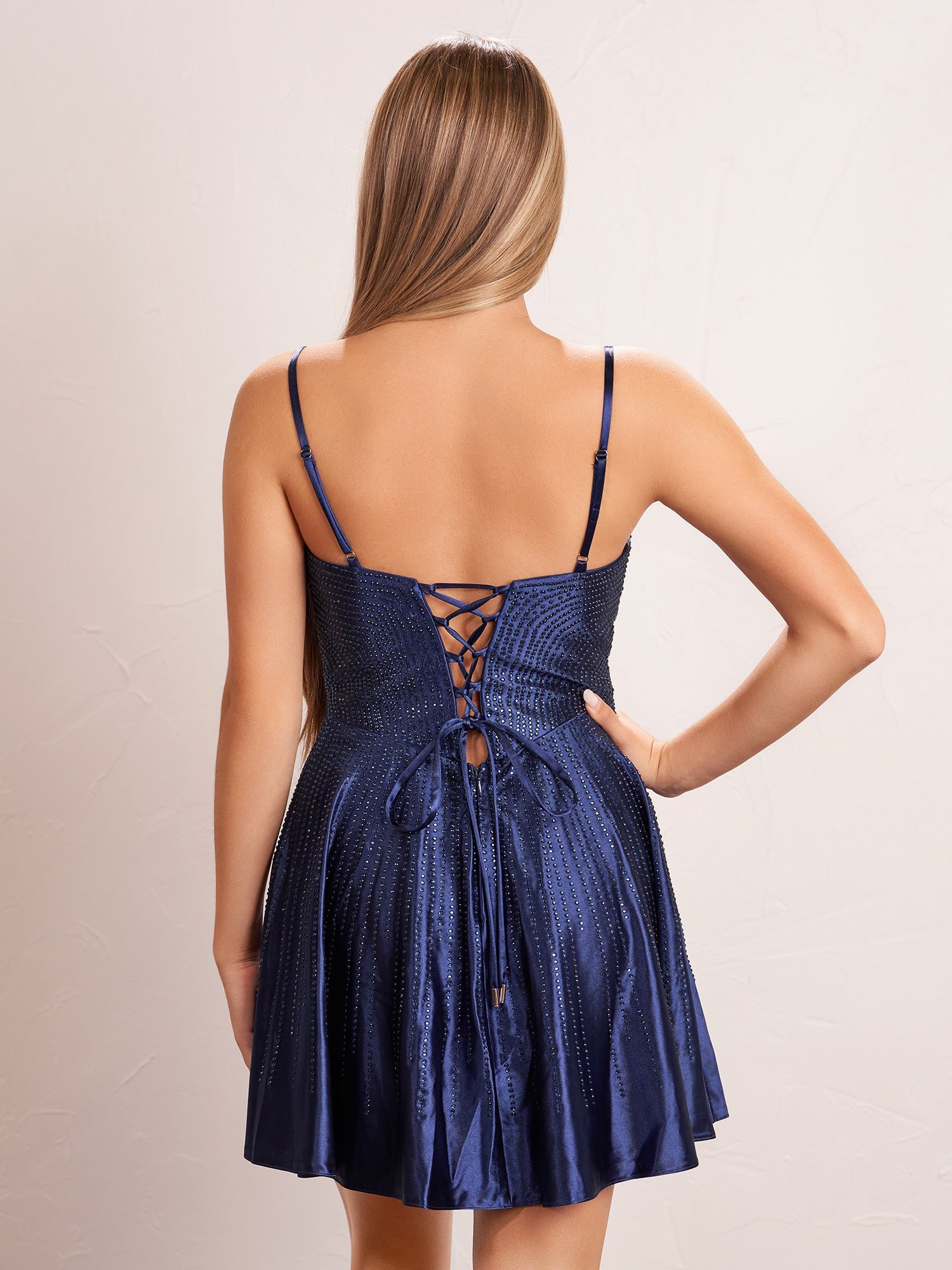 KissDress Hot Fix A-line Deep V illusion Short Beaded Homecoming Dress | This dress is crafted from luxurious satin fabric and features a stunning A-line silhouette that flatters every figure.
