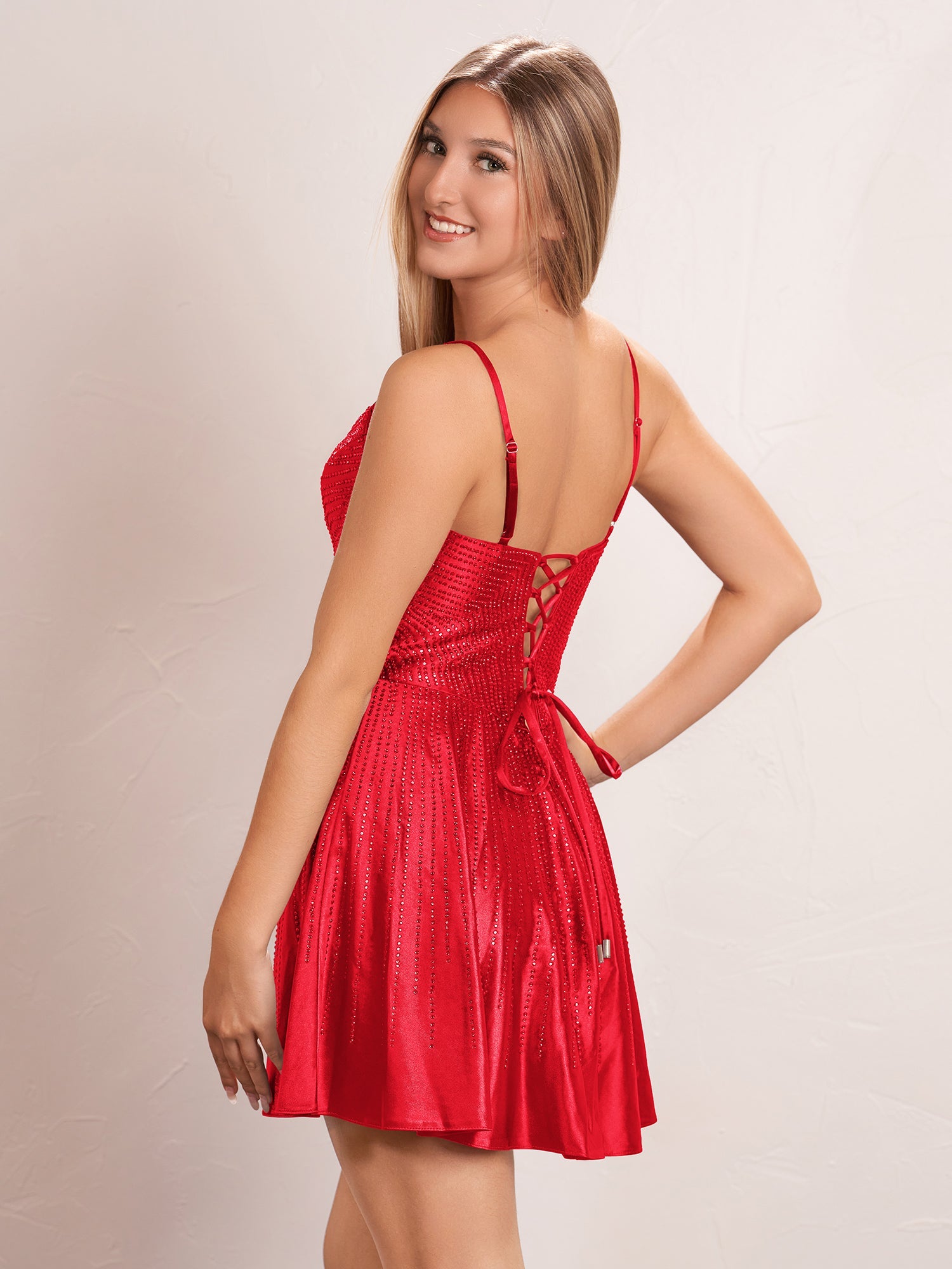 KissDress Hot Fix A-line Deep V illusion Short Beaded Homecoming Dress | This dress is crafted from luxurious satin fabric and features a stunning A-line silhouette that flatters every figure.