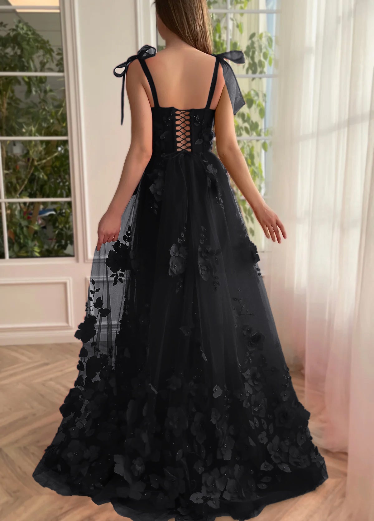 Scarlet Lace A-line 3D Flower Long Prom Dress With Slit